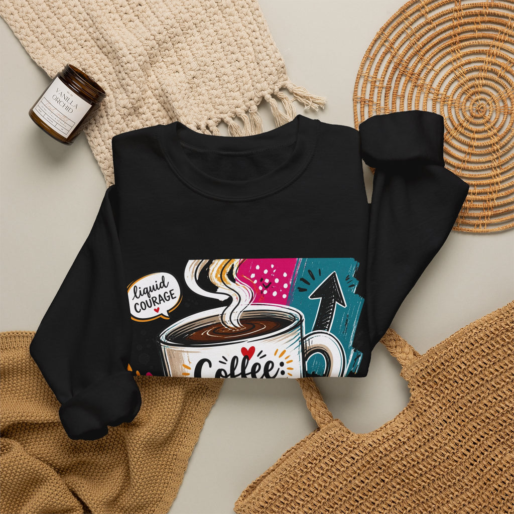 Black crewneck sweatshirt styled flat with a candle — striped mug in a paper collage
