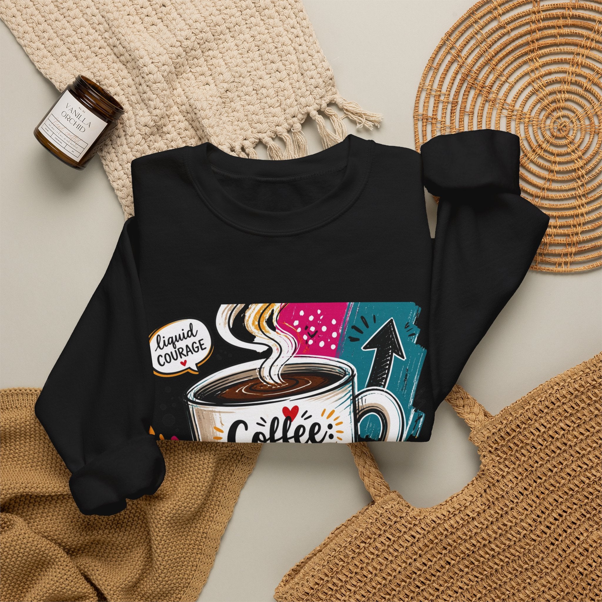 Black crewneck sweatshirt styled flat with a candle — striped mug in a paper collage