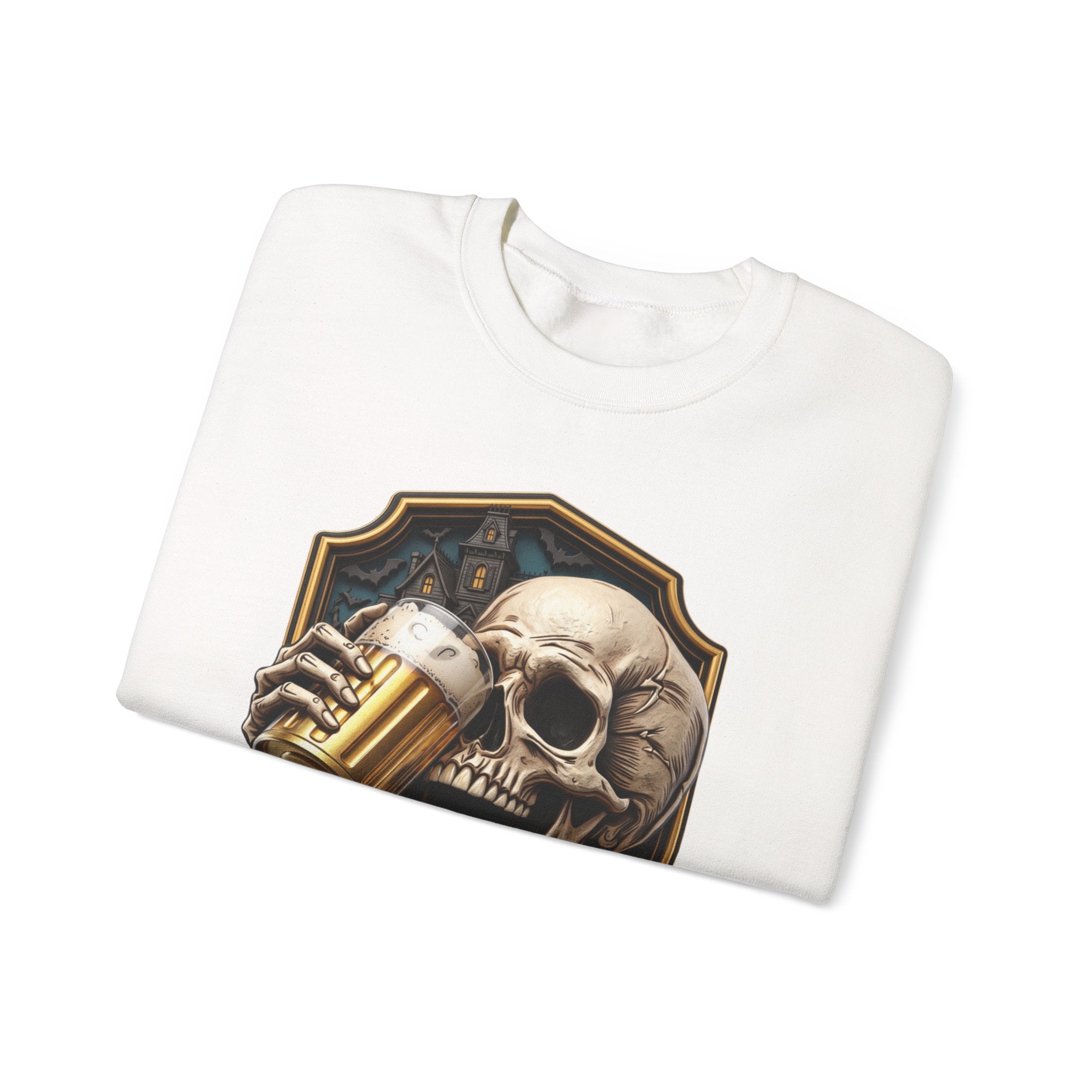 White crewneck sweatshirt folded to show the cracked skull lifts a frothy beer mug inside print