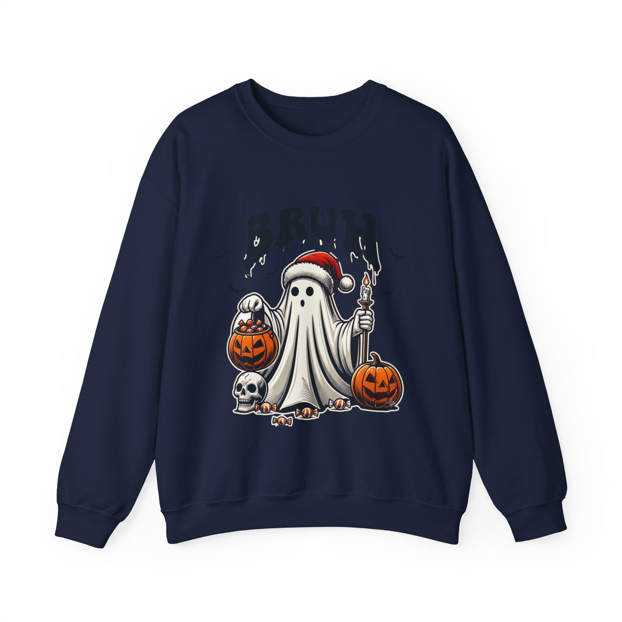 Navy crewneck sweatshirt laid flat, printed with a bats above
