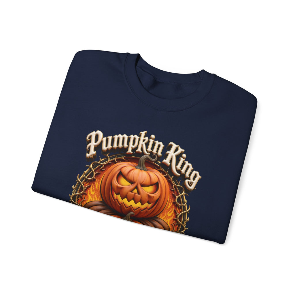 Navy crewneck sweatshirt folded to show the two fierce jack-o-lanterns stack up inside a thorny wreath print