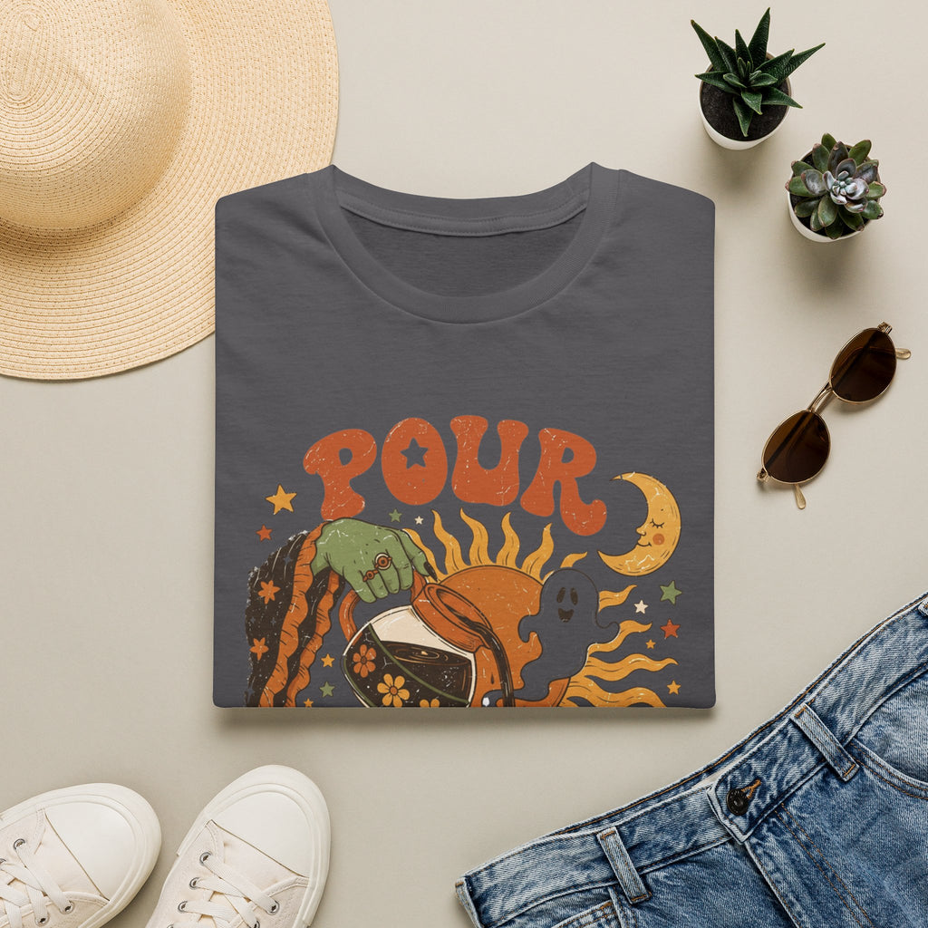 Charcoal t-shirt styled flat with a candle — green witch hand pouring coffee