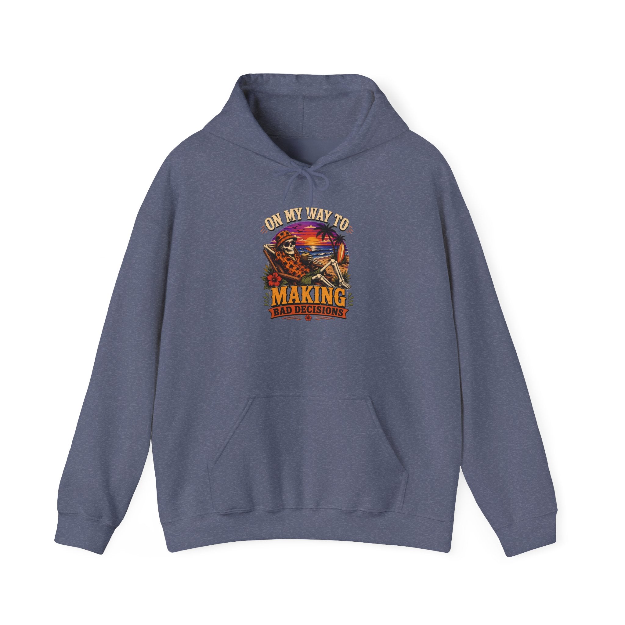 Heather Navy hoodie laid flat, printed with a sunset skeleton print centred on the chest
