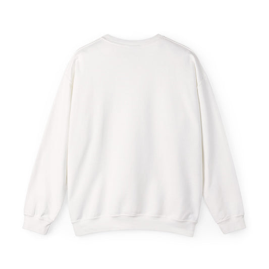 White crewneck sweatshirt, plain back — ghost in a Santa hat on the front