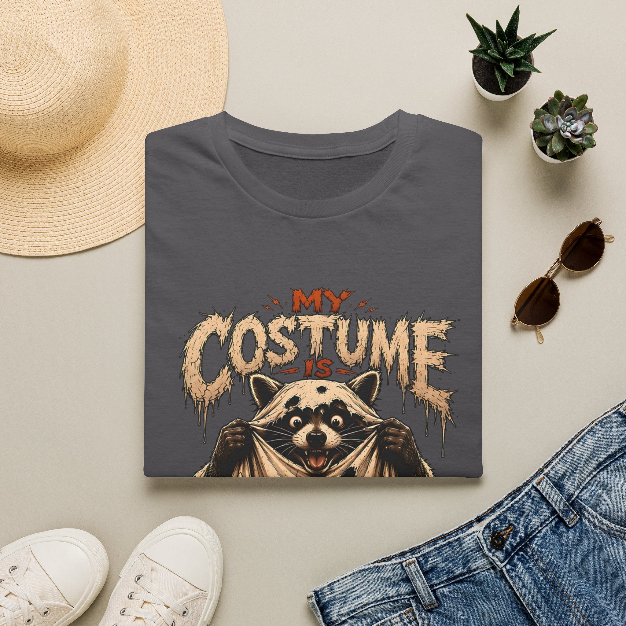 Charcoal t-shirt styled flat with a candle — wide-eyed raccoon in a fur cape