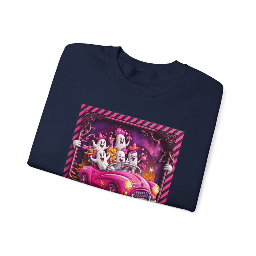 Navy crewneck sweatshirt folded to show the carload of smiling ghosts cruises in a bubblegum pink print