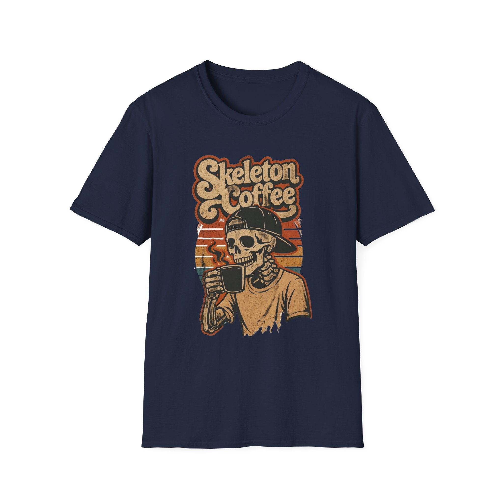 Navy t-shirt laid flat, printed with a skeleton in a knitted sweater raising a paper cup