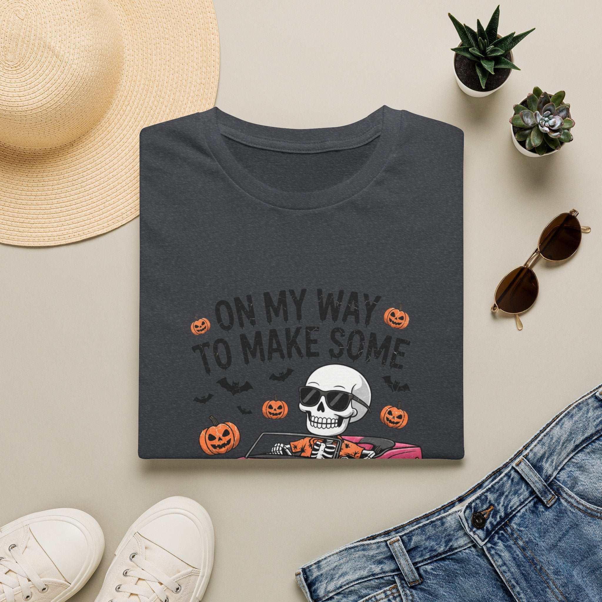 Dark Heather Grey t-shirt printed with a pink convertible car and a skull, view 17