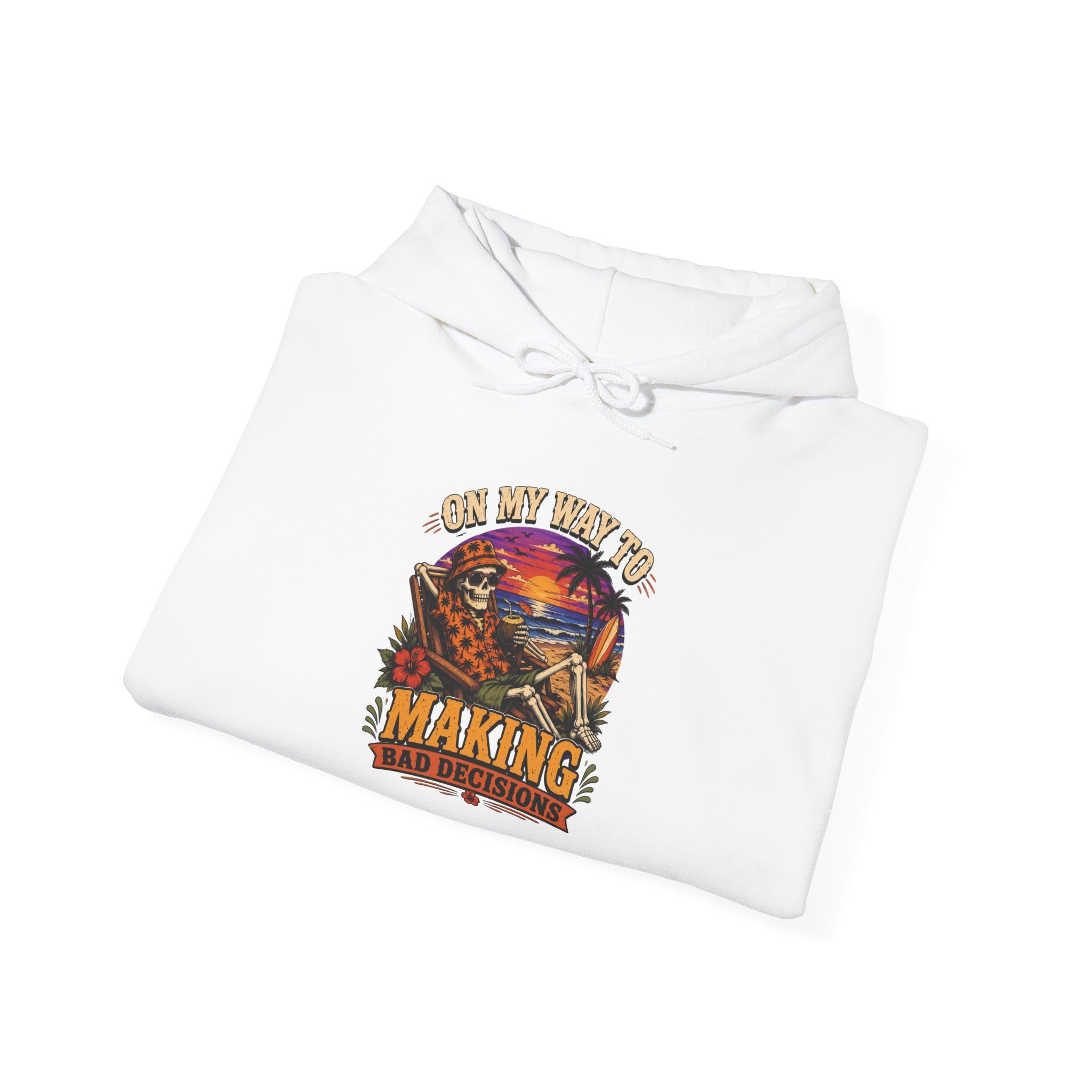 White hoodie styled flat with a candle — sunset skeleton print