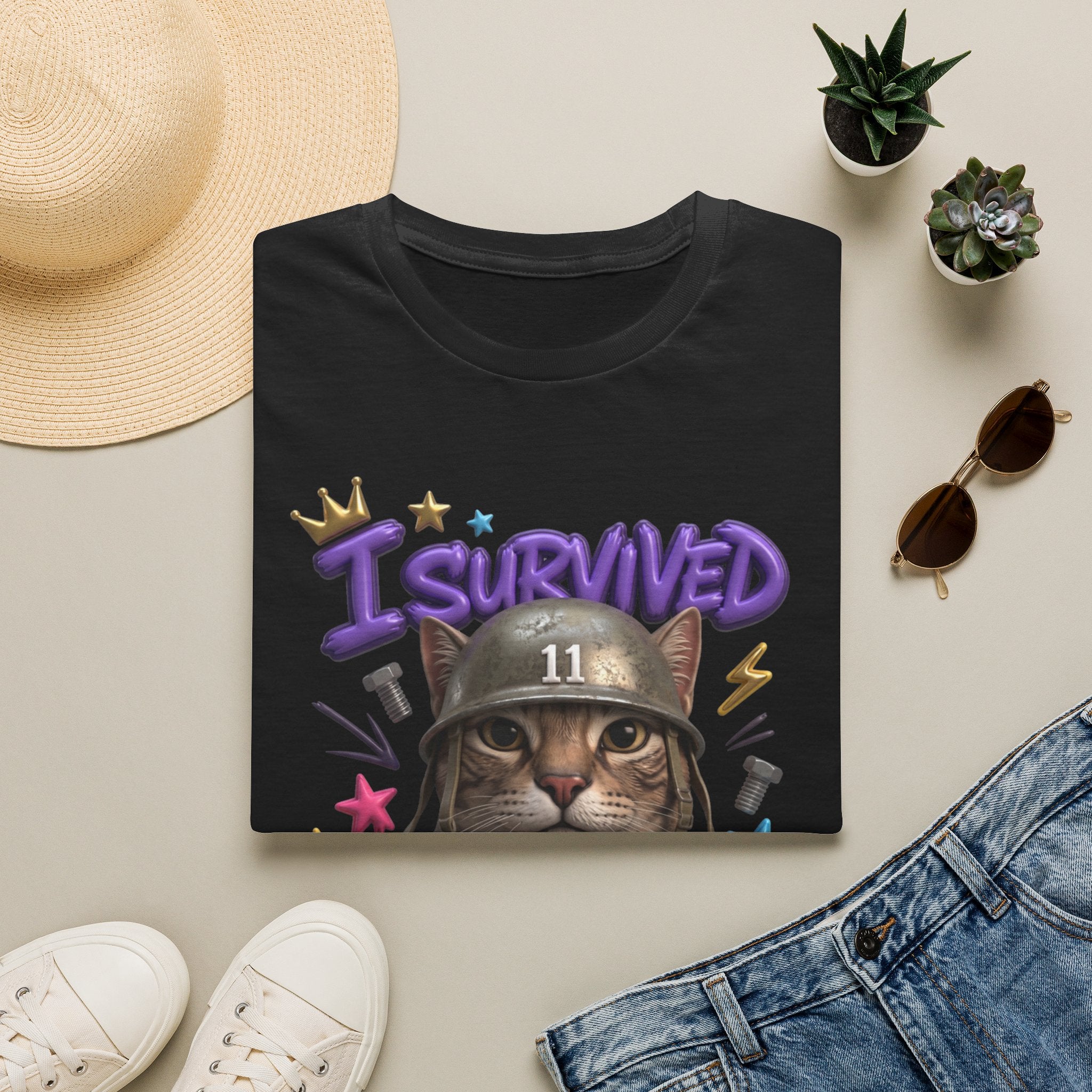 Black t-shirt styled flat with a candle — flat-eyed cat in a steel helmet