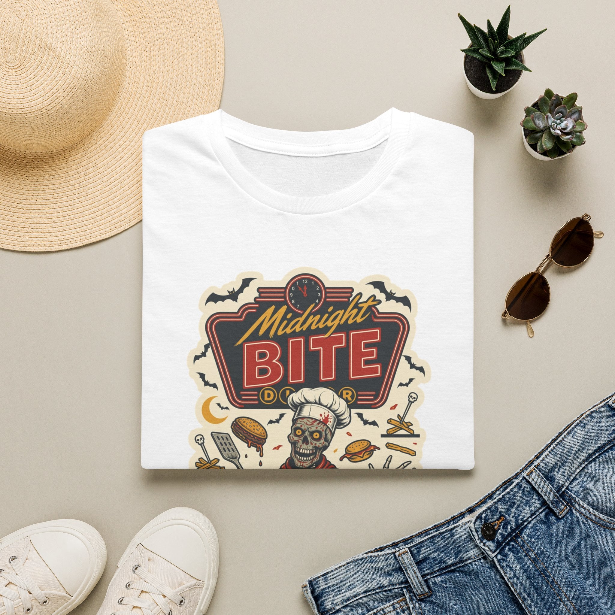 White t-shirt styled flat with a candle — late-night diner sign