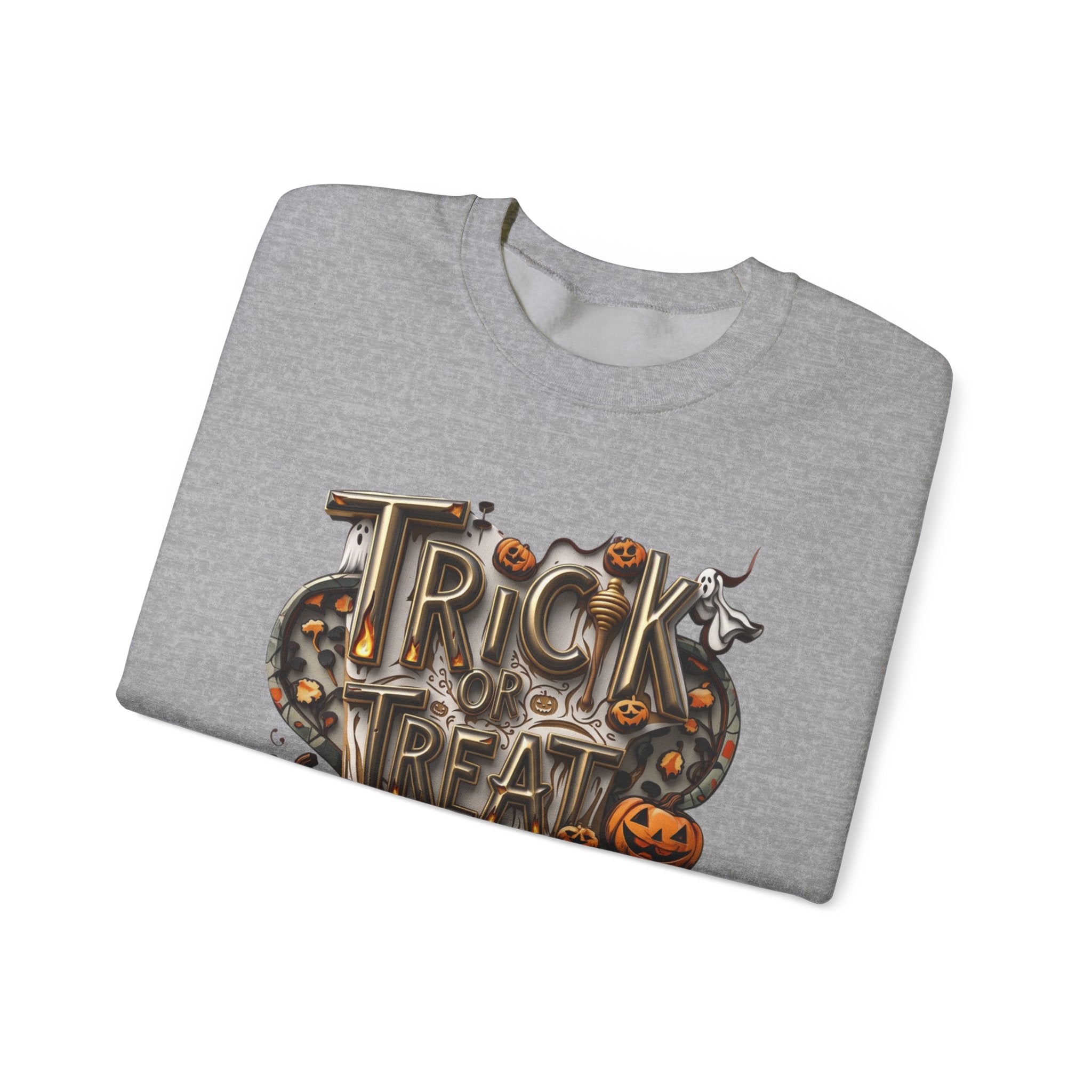 Sport Grey crewneck sweatshirt folded to show the carved metallic lettering reading trick or treat yourself sits print