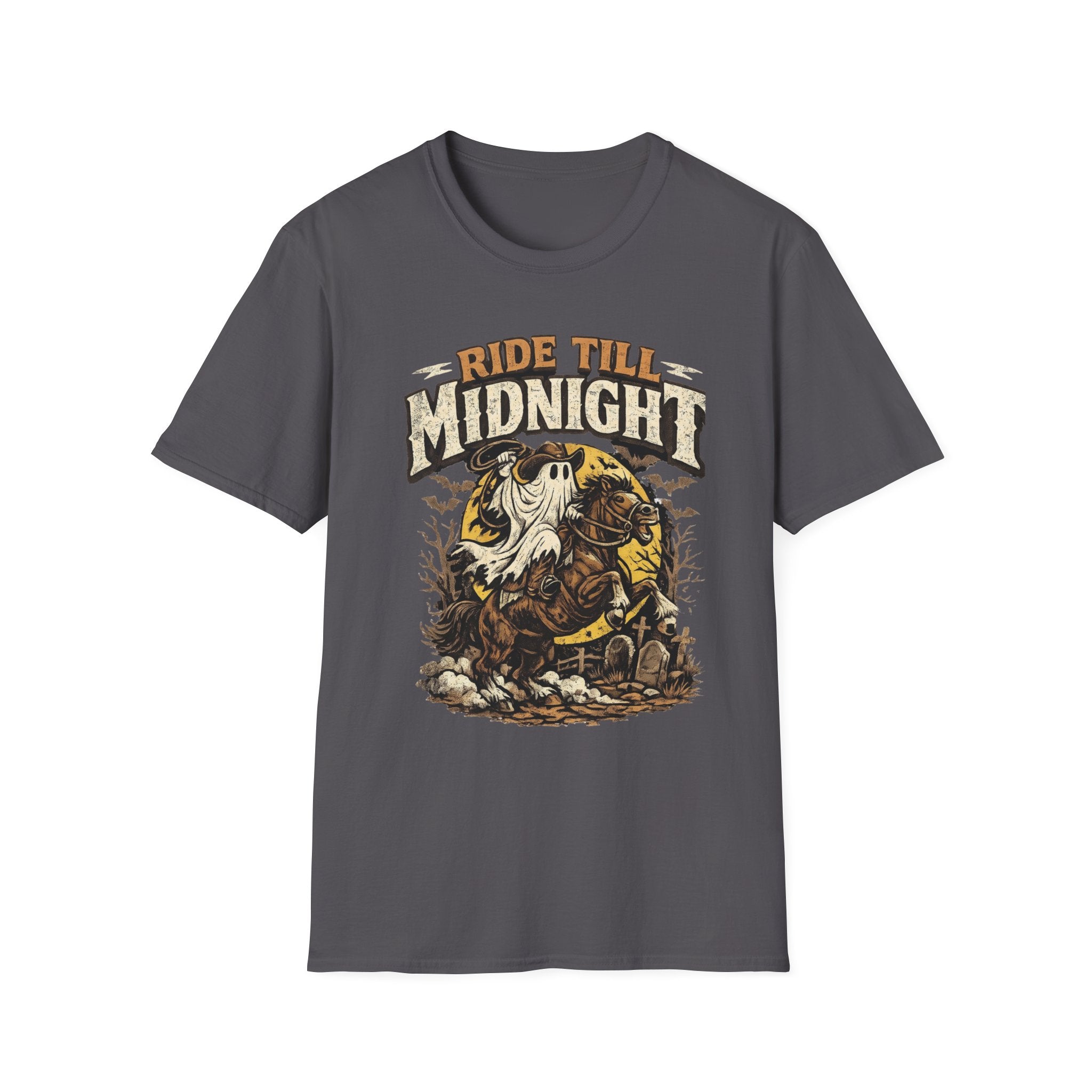 Charcoal t-shirt laid flat, printed with a sheet ghost in a wide-brim hat rides a rearing