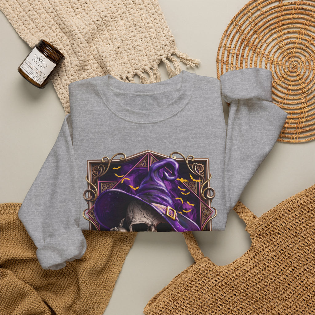 Sport Grey crewneck sweatshirt styled flat with a candle — skull in a purple witch hat