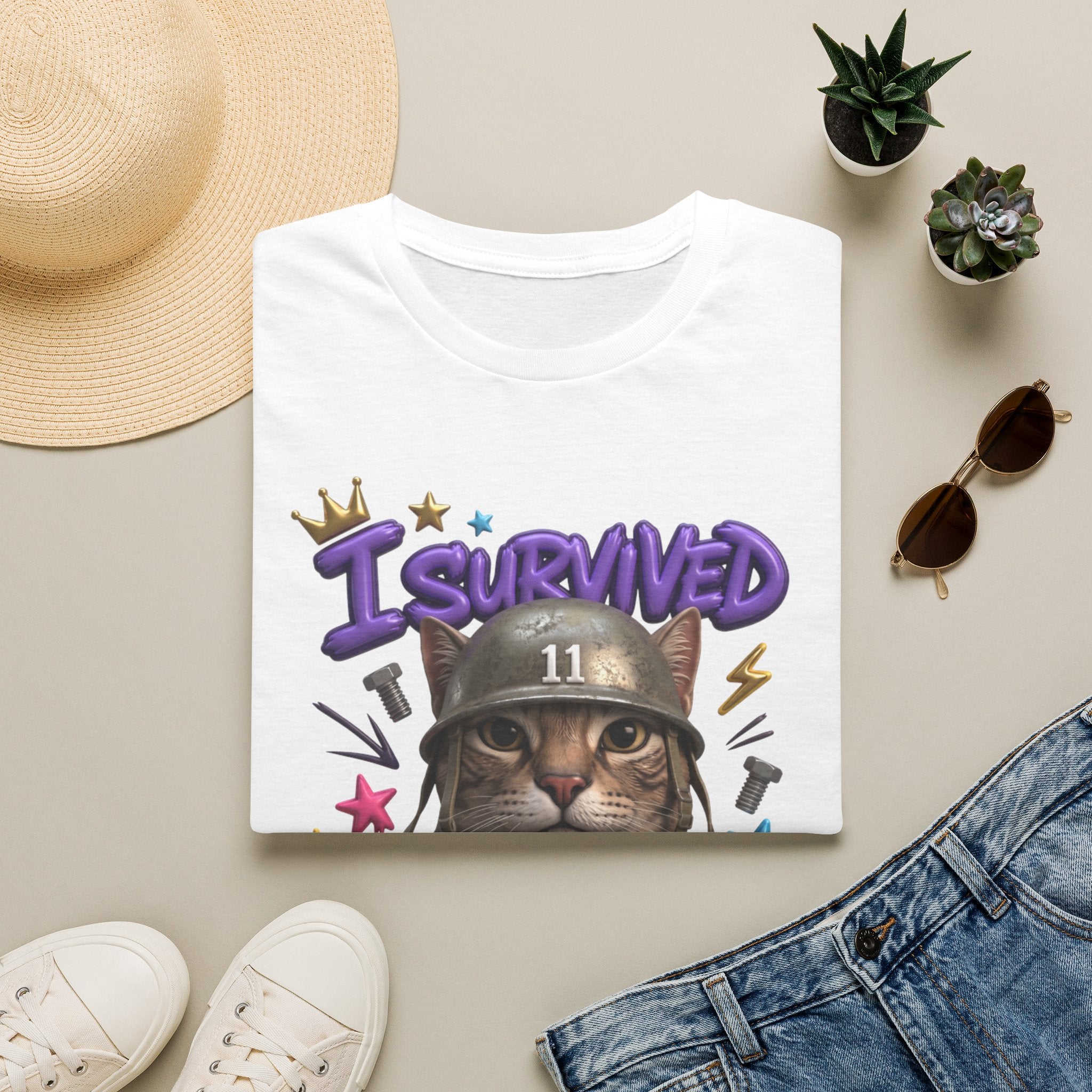 White t-shirt styled flat with a candle — flat-eyed cat in a steel helmet
