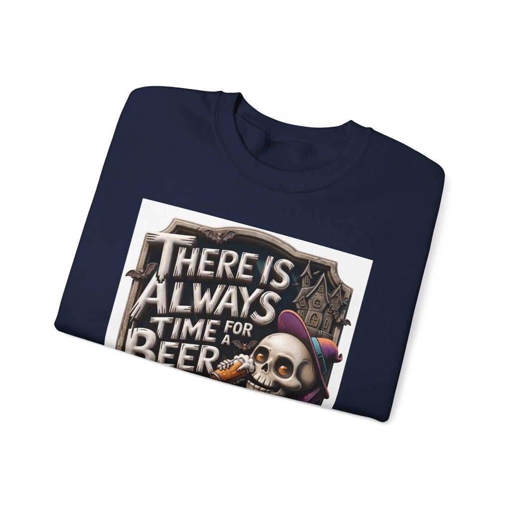 Navy crewneck sweatshirt folded to show the skeleton in a floppy purple hat kicks back print