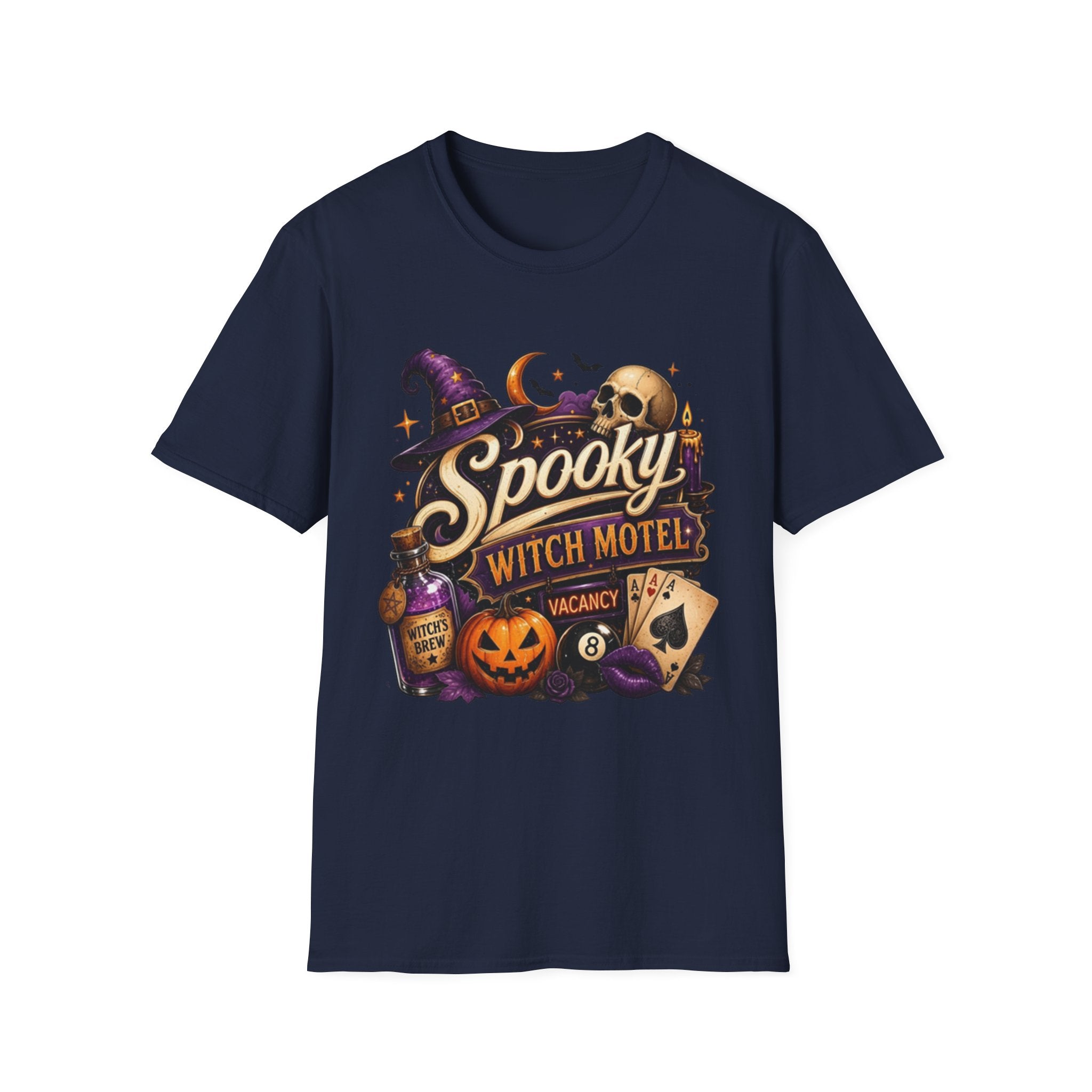 Navy t-shirt laid flat, printed with a neon motel sign reading spooky witch motel