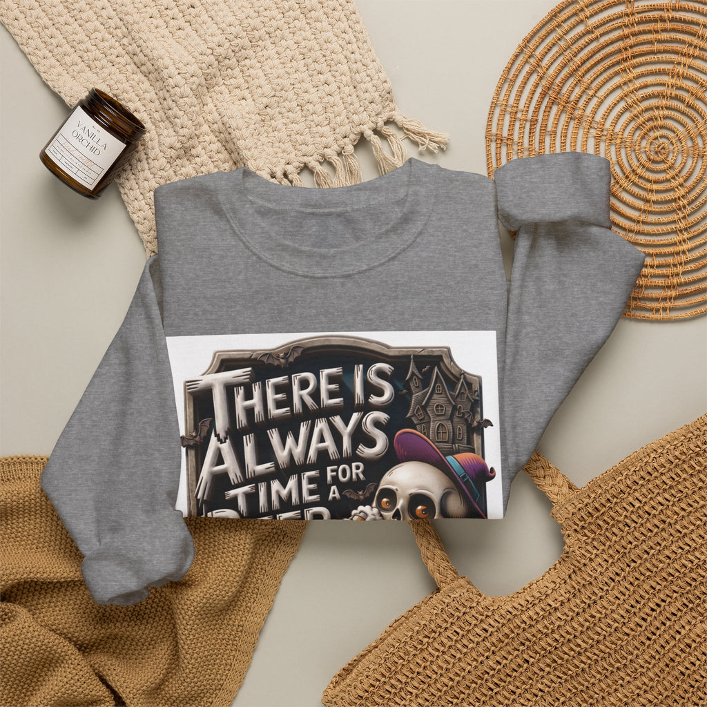 Graphite Heather crewneck sweatshirt styled flat with a candle — skeleton in a floppy purple hat