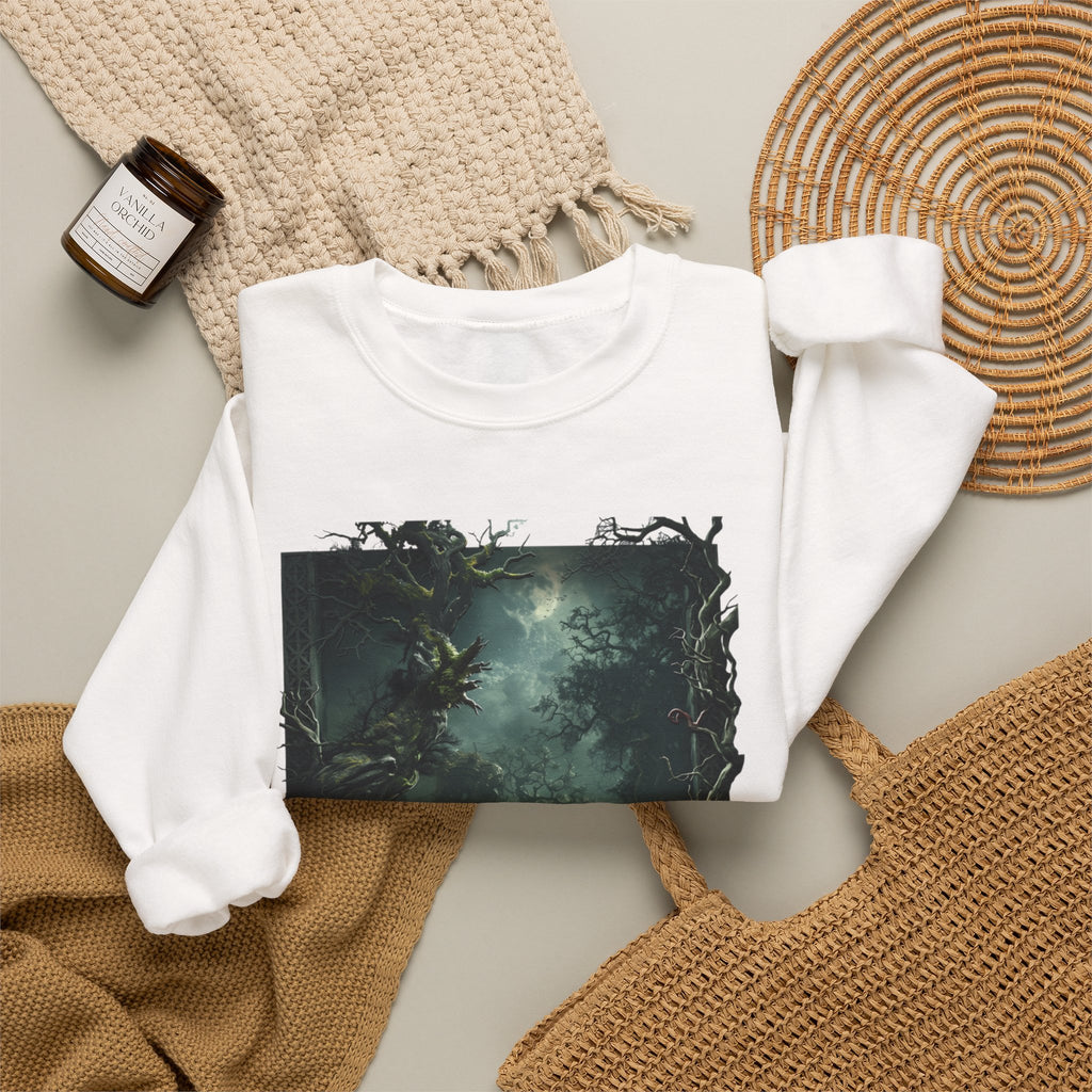 White crewneck sweatshirt styled flat with a candle — moonlit forest of gnarled mossy trees