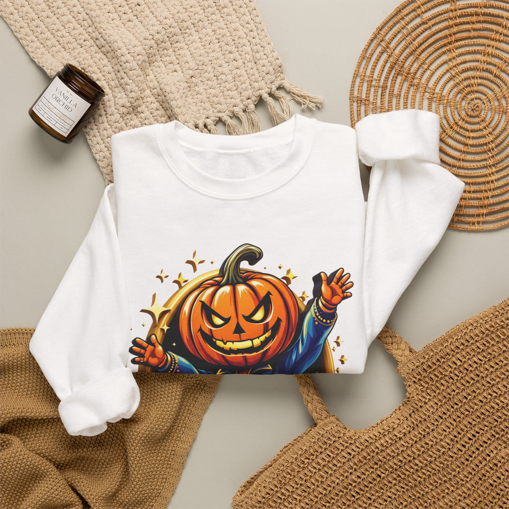 White crewneck sweatshirt styled flat with a candle — jack-o-lantern head in a blue jacket