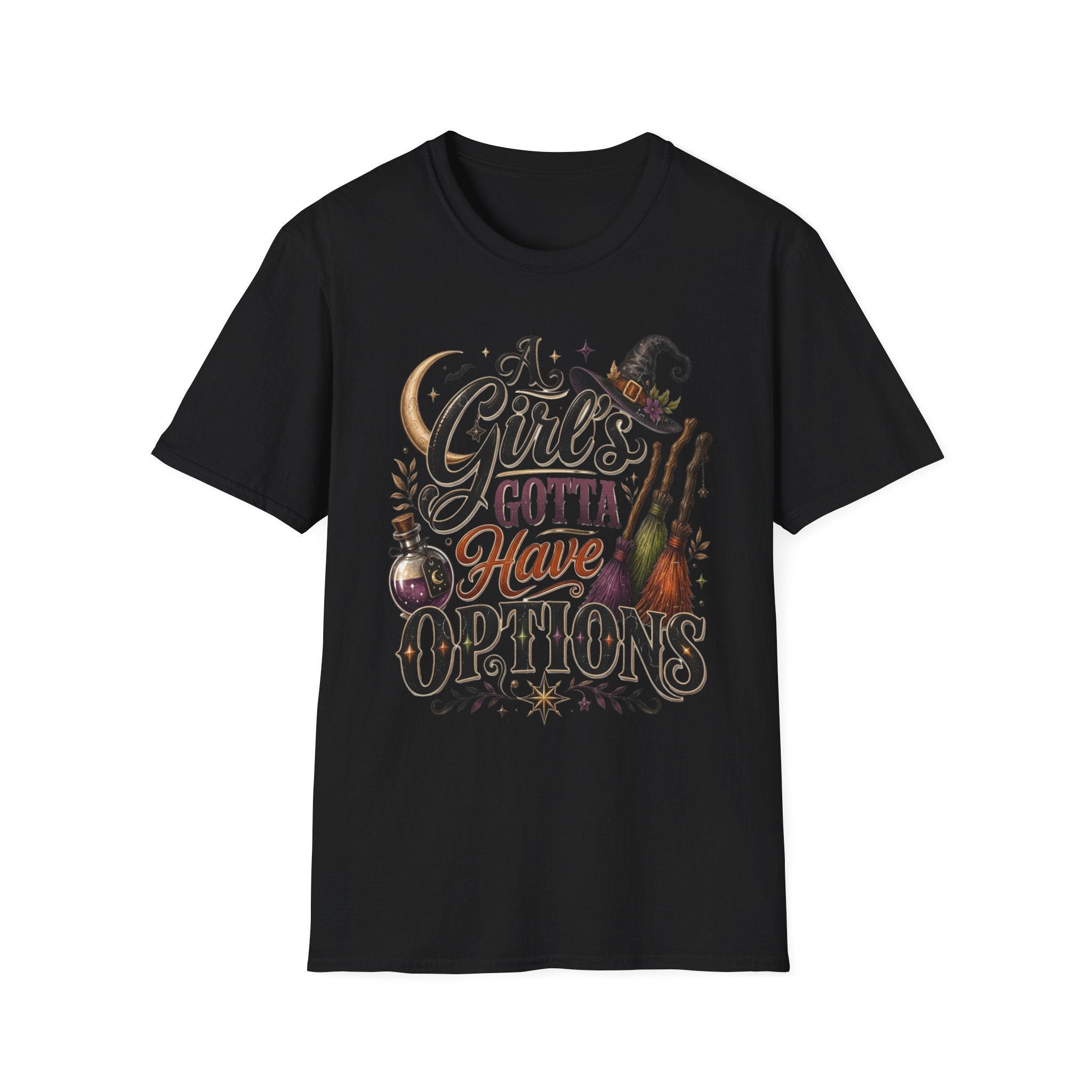 Black t-shirt laid flat, printed with a hand-lettered script reading a girl's gotta have options