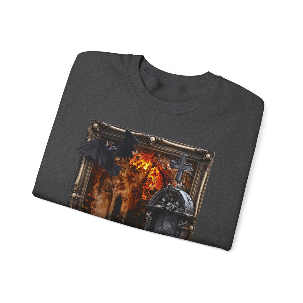 Dark Heather crewneck sweatshirt folded to show the framed painterly scene of a stone tomb print