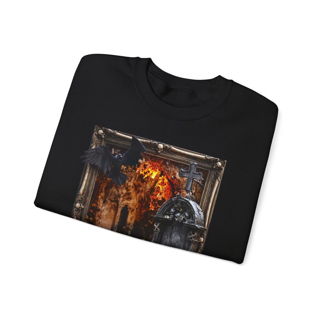 Black crewneck sweatshirt folded to show the framed painterly scene of a stone tomb print