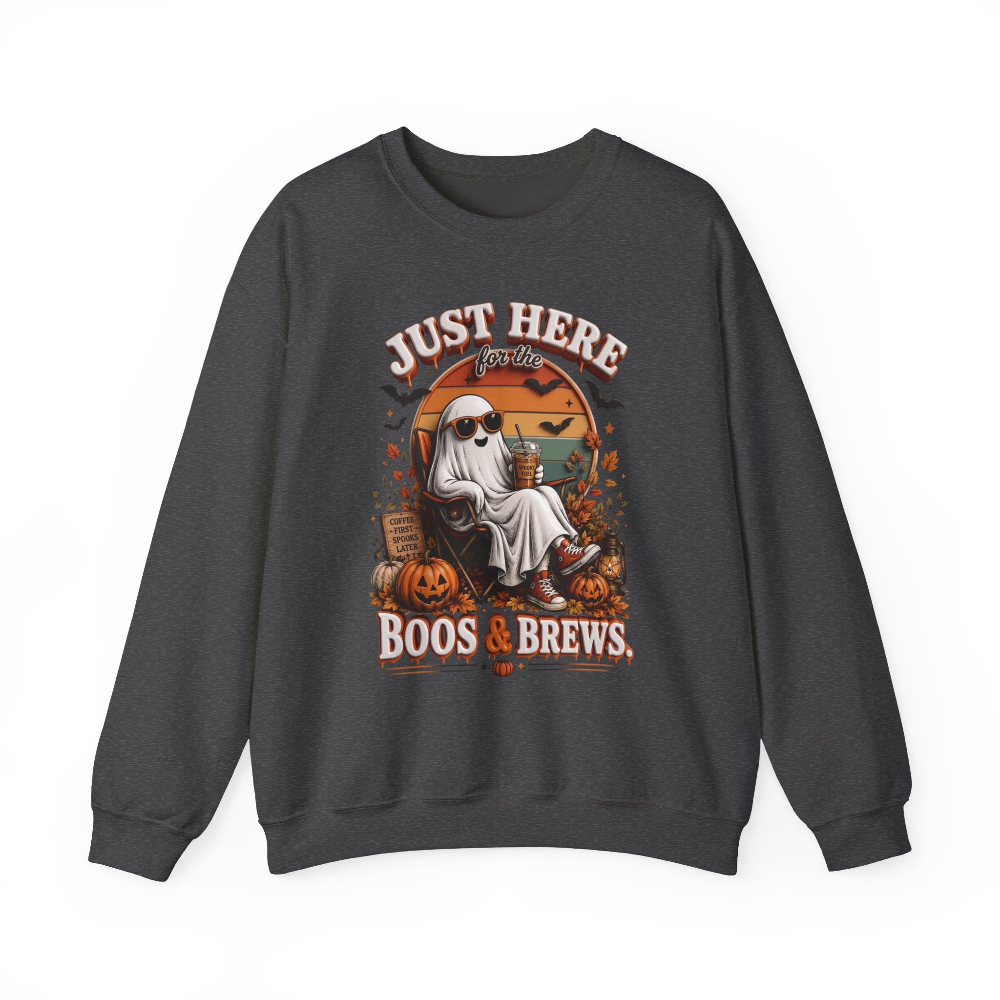 Dark Heather crewneck sweatshirt laid flat, printed with a ghost in sunglasses kicks back with an iced coffee