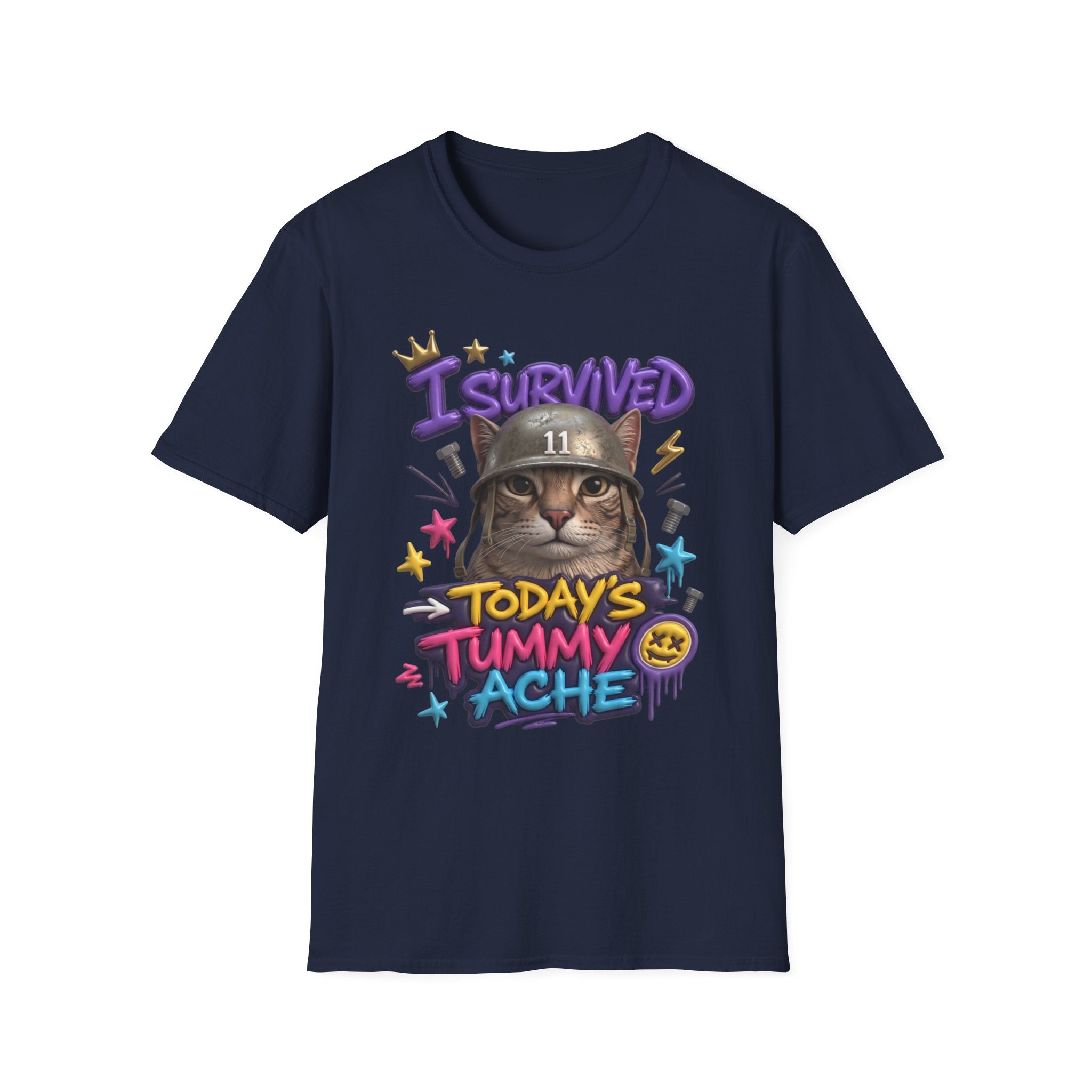 Navy t-shirt laid flat, printed with a flat-eyed cat wearing a battered steel helmet