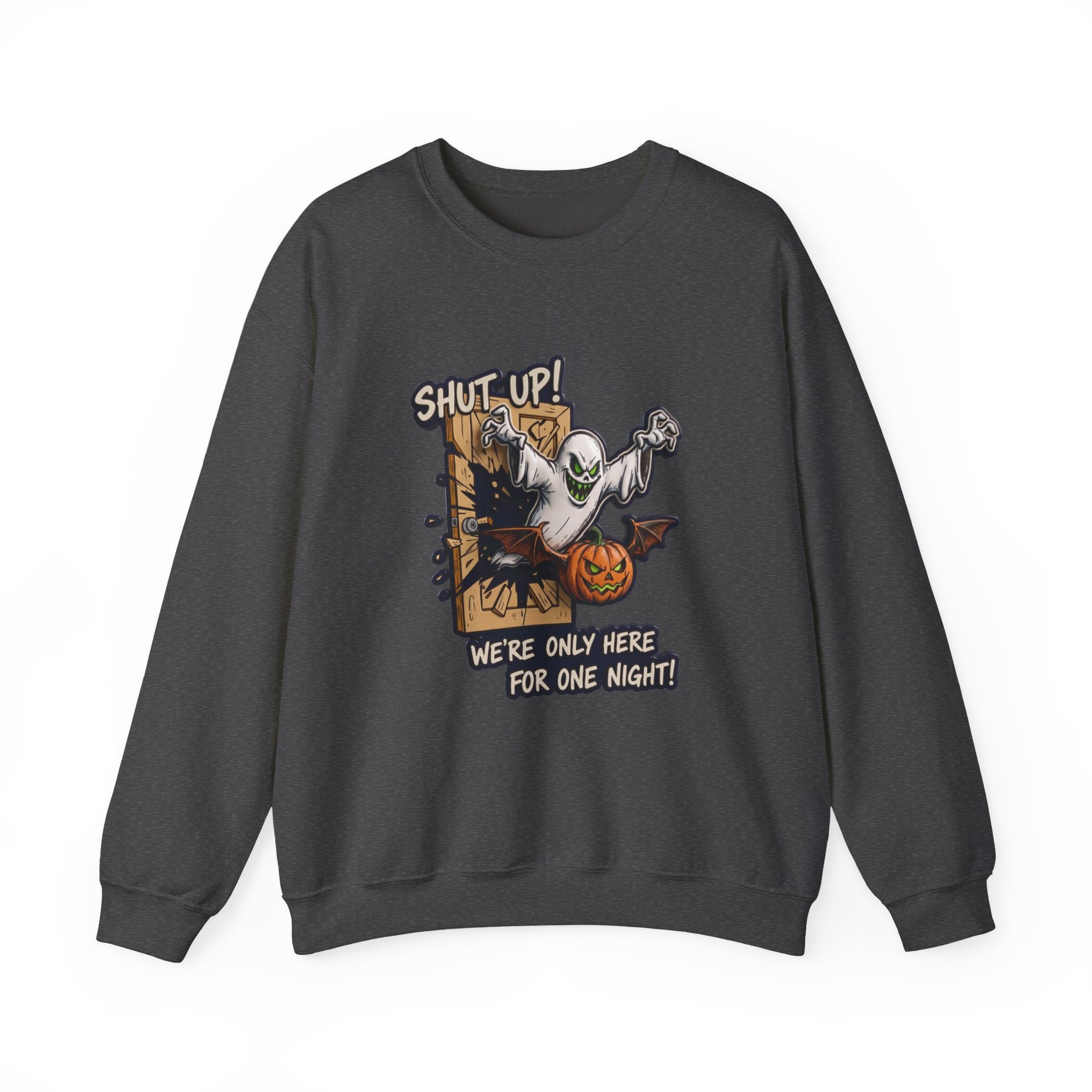 Dark Heather crewneck sweatshirt laid flat, printed with a green-eyed ghost with bat wings bursts through a wooden