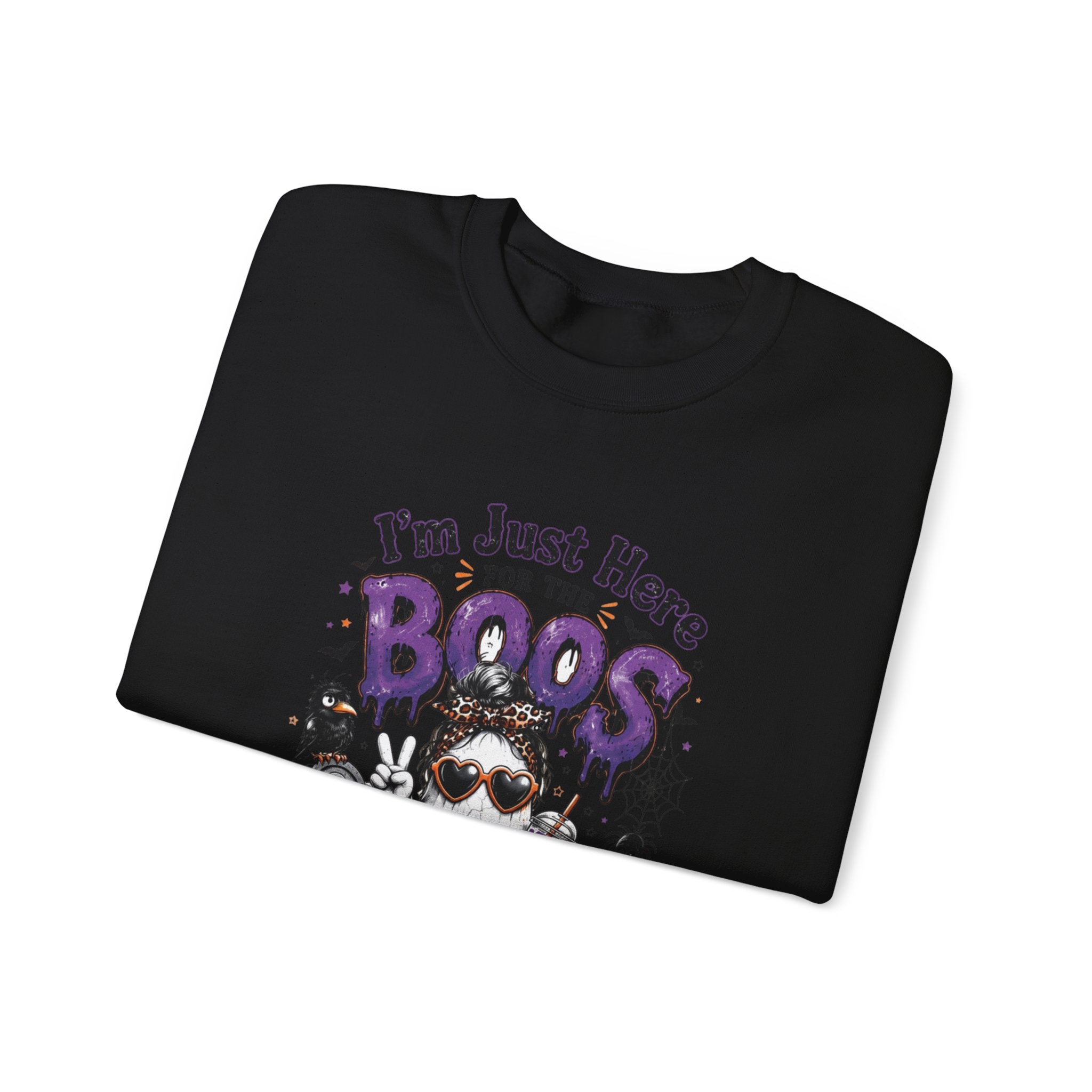 Black crewneck sweatshirt folded to show the three cartoon ghosts in sunglasses print