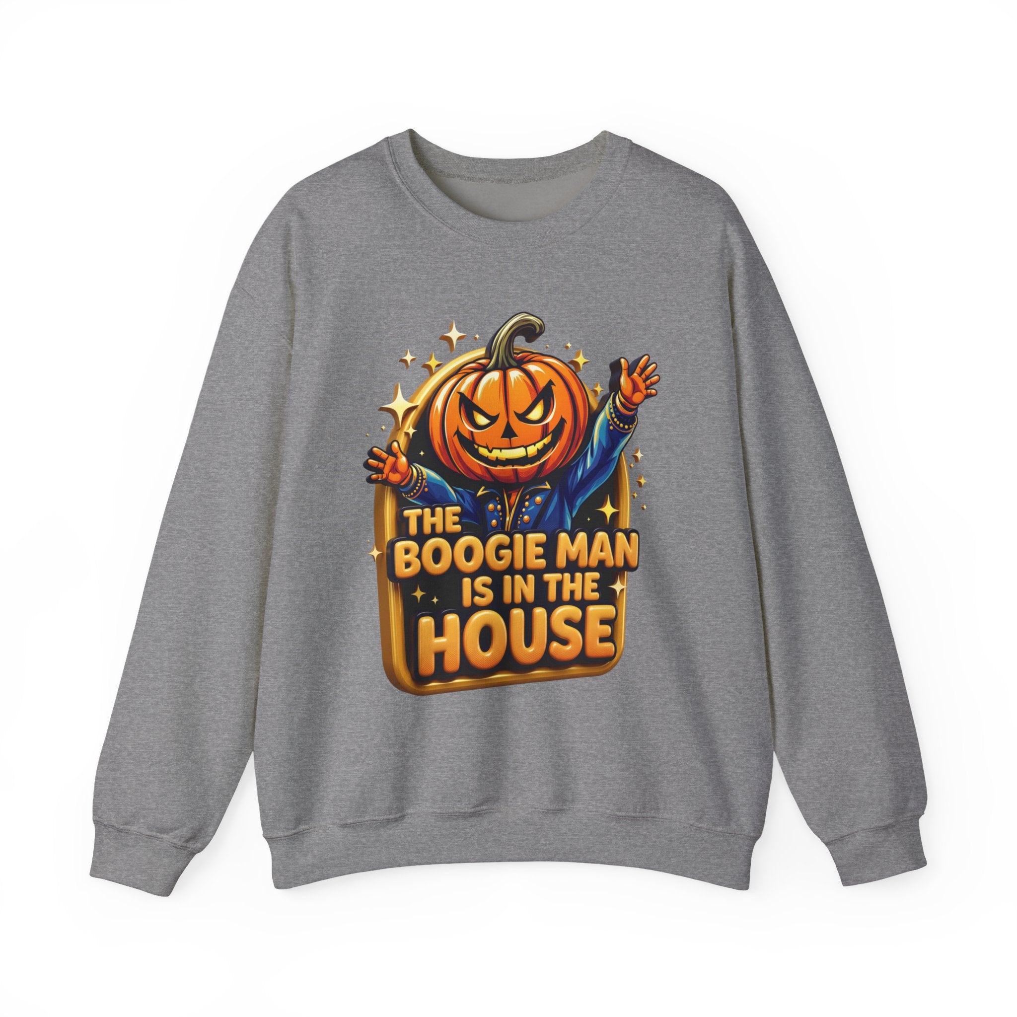 Graphite Heather crewneck sweatshirt laid flat, printed with a grinning jack-o-lantern head in a blue jacket throws