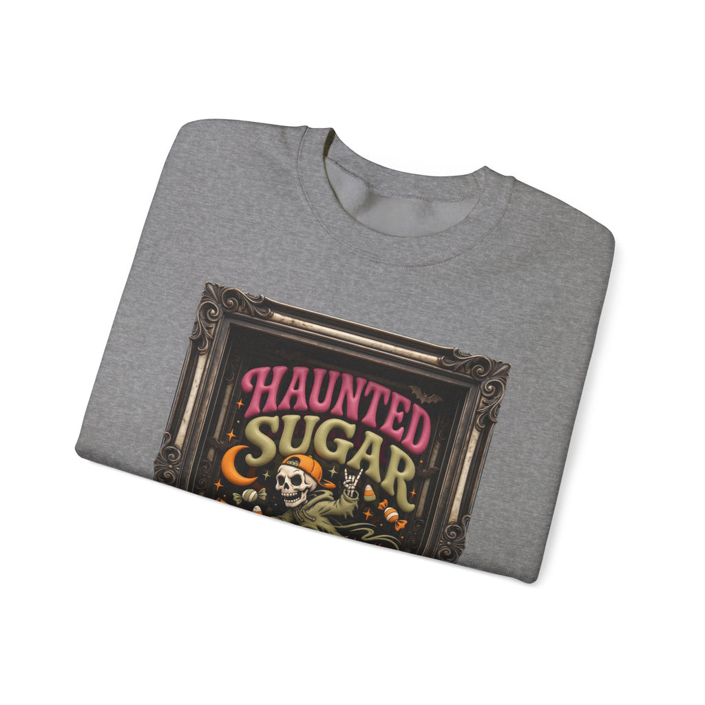 Graphite Heather crewneck sweatshirt folded to show the hooded skeleton rides a broom past a crescent moon print