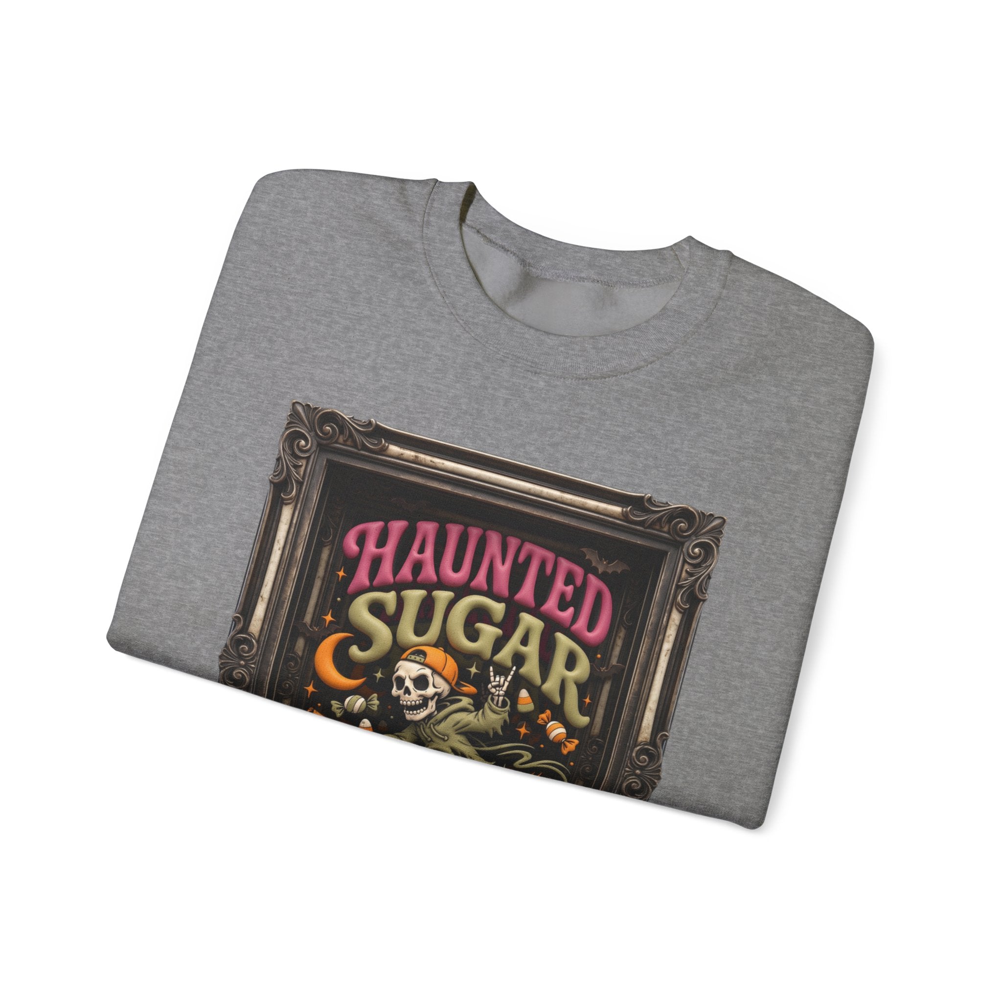 Graphite Heather crewneck sweatshirt folded to show the hooded skeleton rides a broom past a crescent moon print