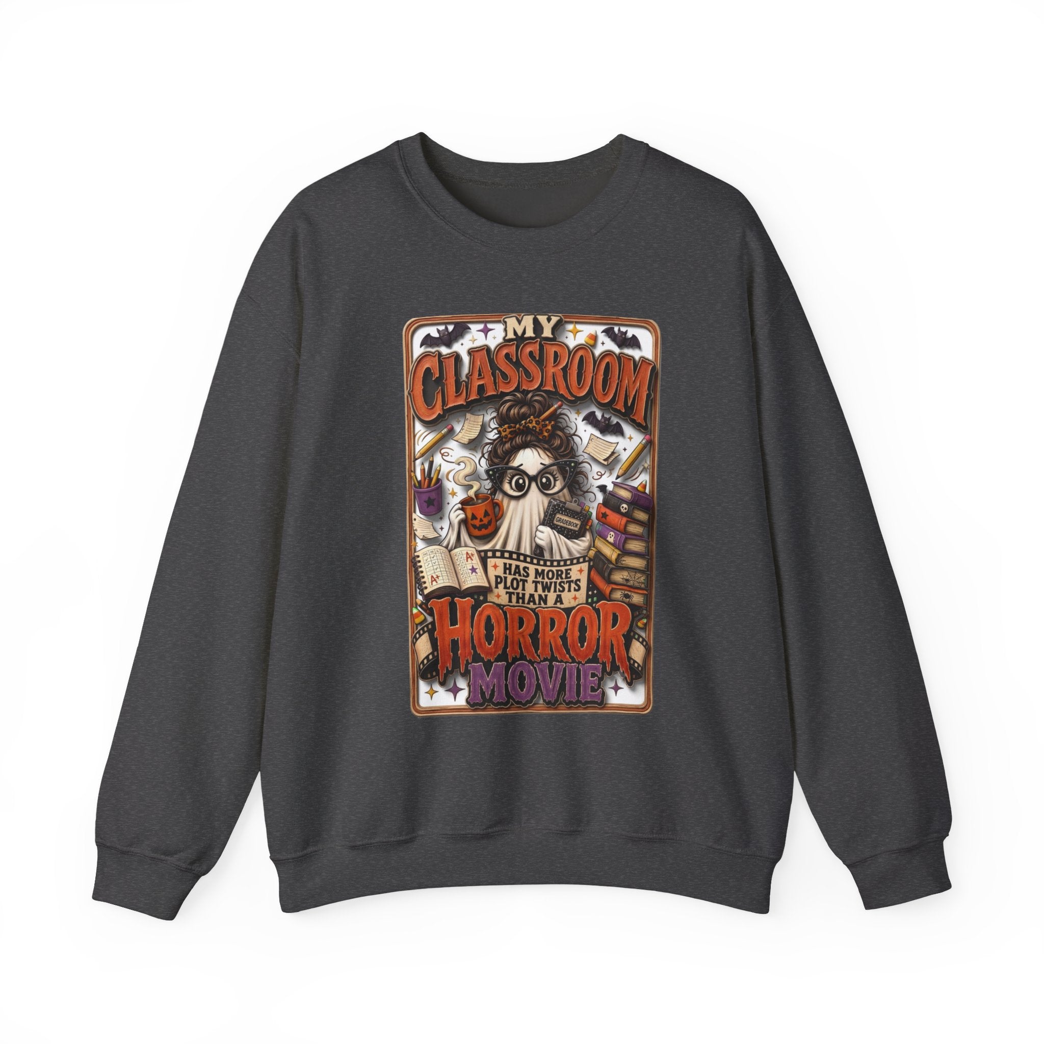 Dark Heather crewneck sweatshirt laid flat, printed with a bespectacled ghost with a messy bun grades away among