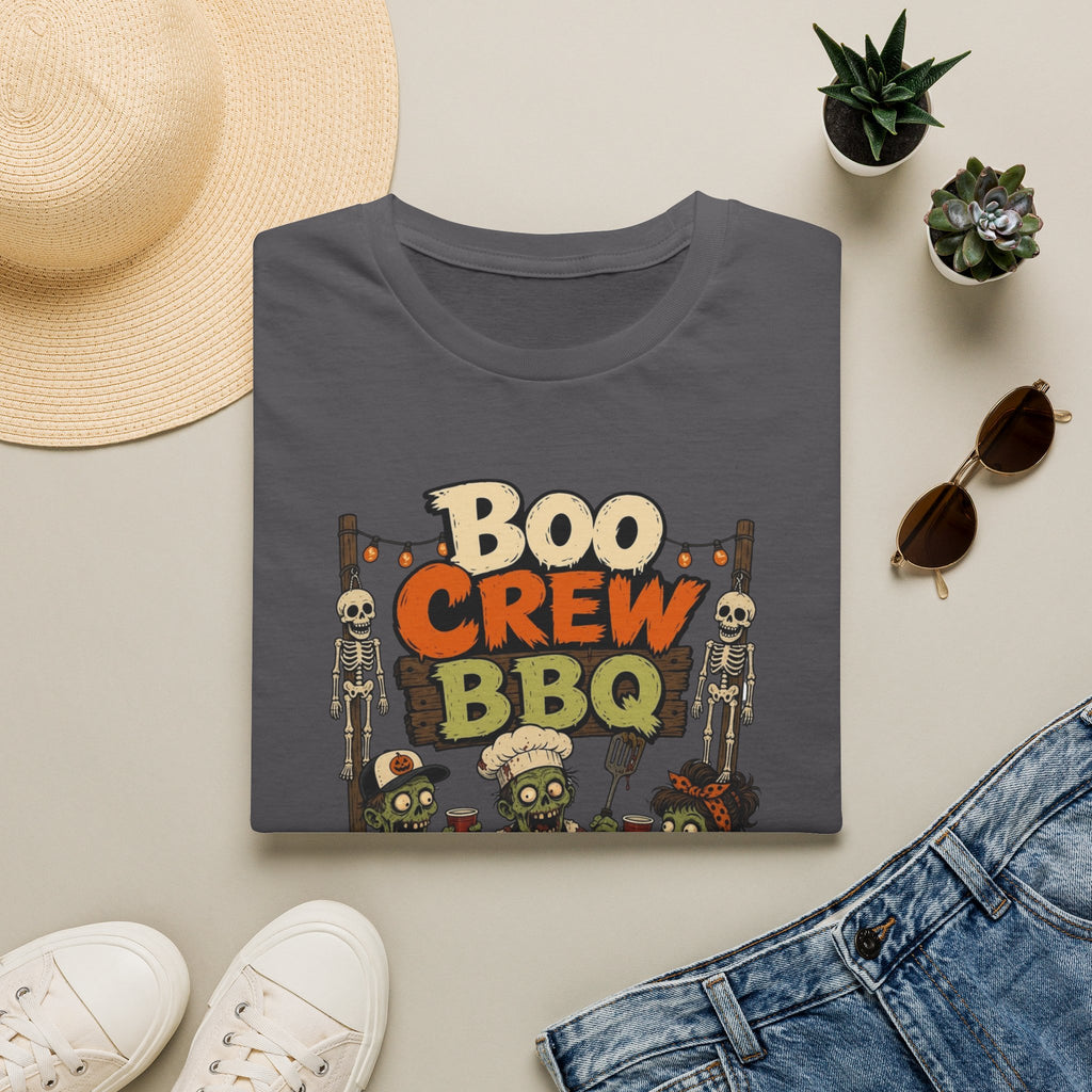 Charcoal t-shirt styled flat with a candle — skeletons and zombies around a grill