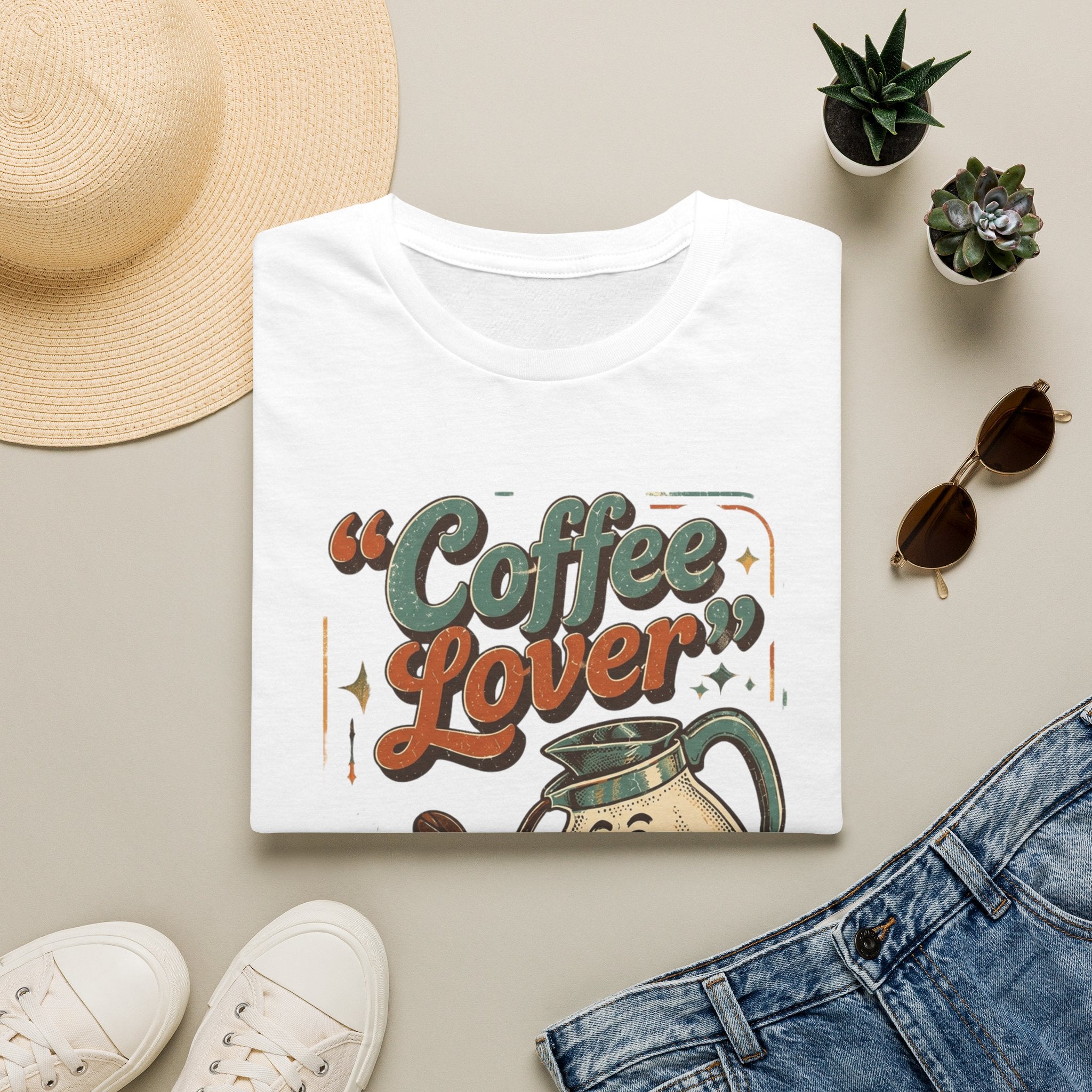 White t-shirt styled flat with a candle — retro coffee pot and steaming cup