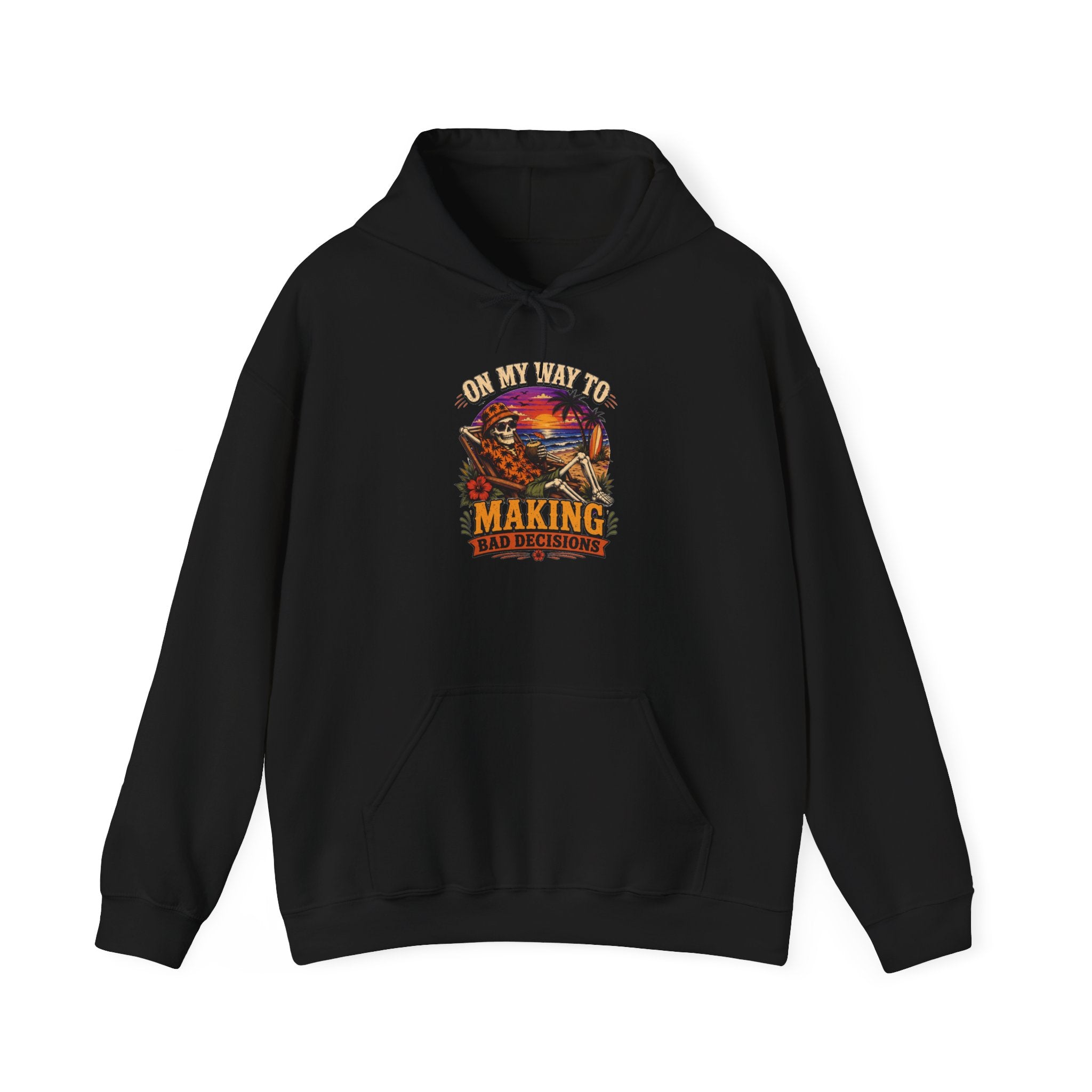 Black hoodie laid flat, printed with a sunset skeleton print centred on the chest