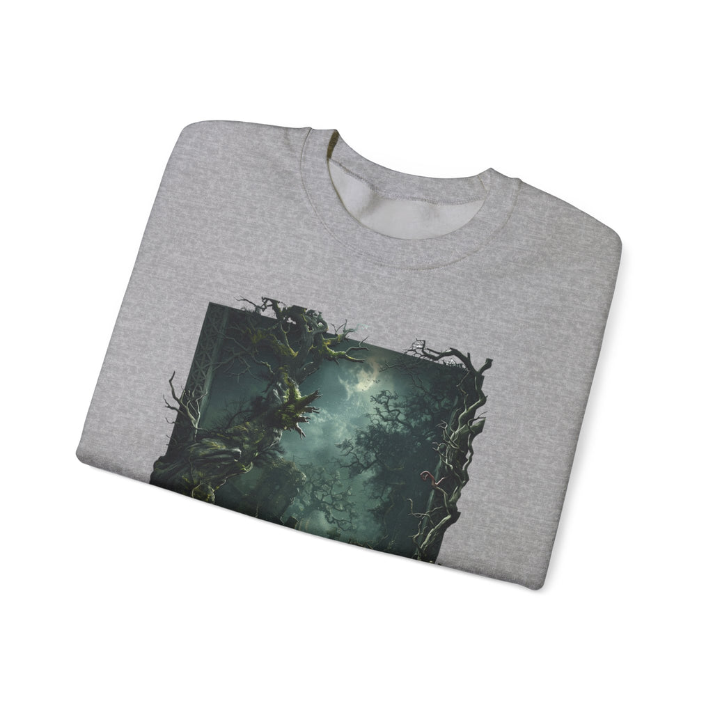 Sport Grey crewneck sweatshirt folded to show the moonlit forest of gnarled mossy trees drifts into pale print