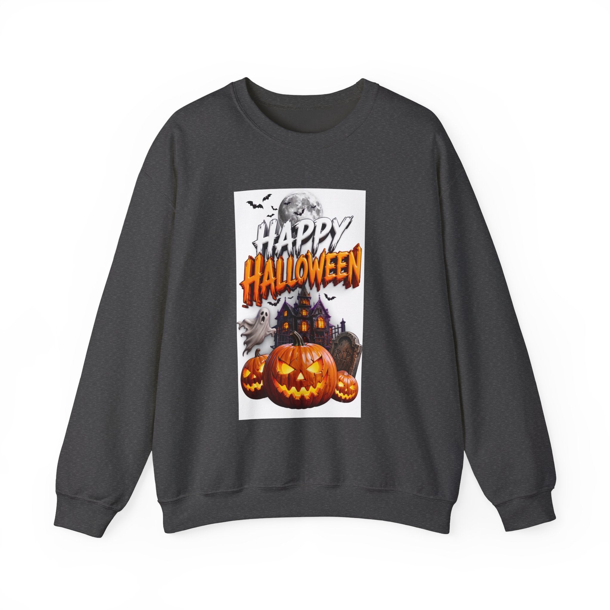 Dark Heather crewneck sweatshirt laid flat, printed with a haunted house