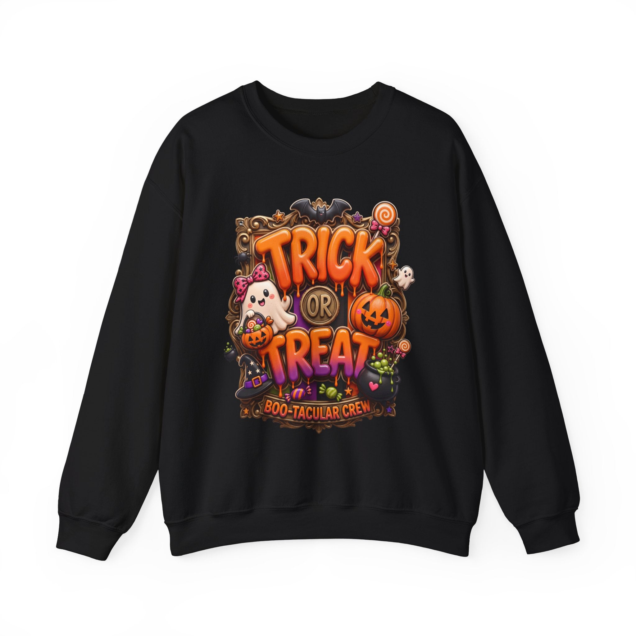 Black crewneck sweatshirt laid flat, printed with a puffy orange trick or treat lettering frames a bow-wearing