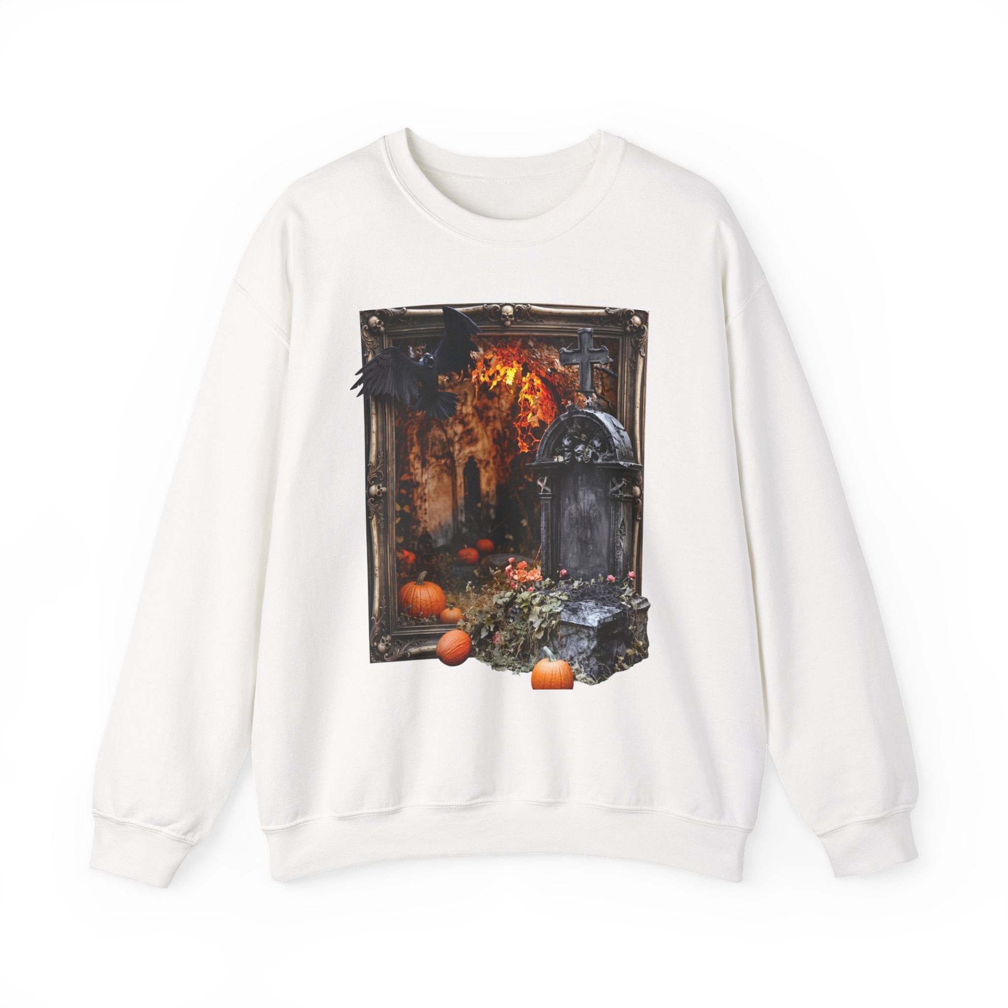 White crewneck sweatshirt laid flat, printed with a framed painterly scene of a stone tomb