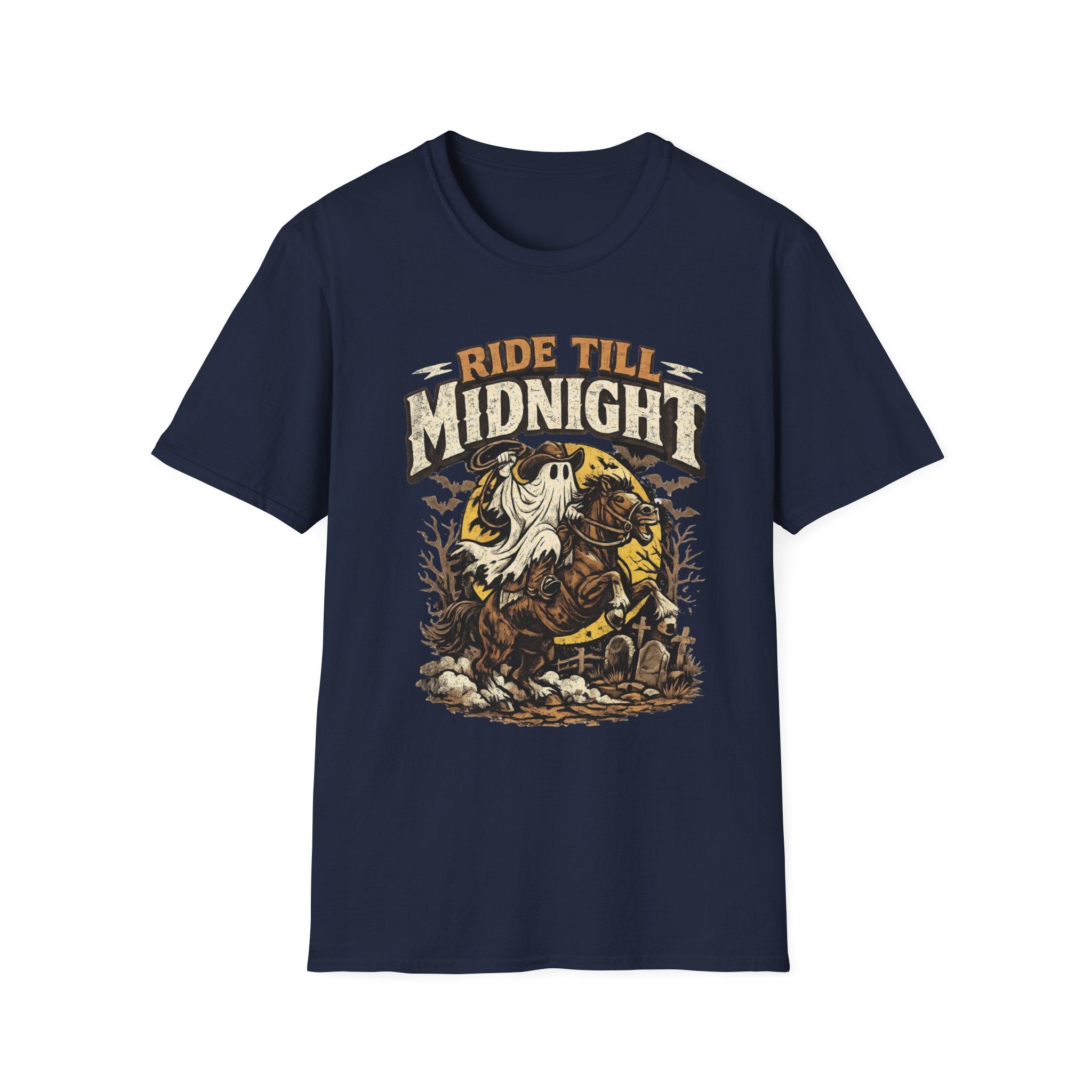 Navy t-shirt laid flat, printed with a sheet ghost in a wide-brim hat rides a rearing
