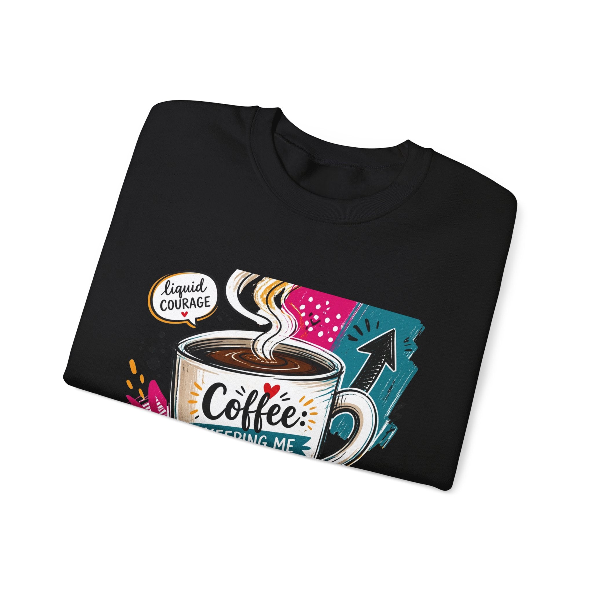 Black crewneck sweatshirt folded to show the striped coffee mug in a retro paper collage reading print