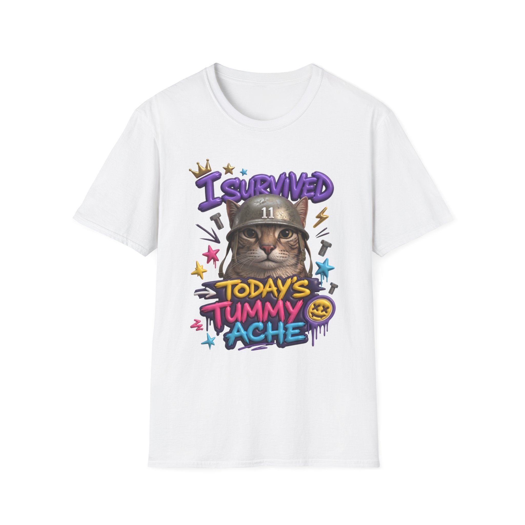 White t-shirt laid flat, printed with a flat-eyed cat wearing a battered steel helmet