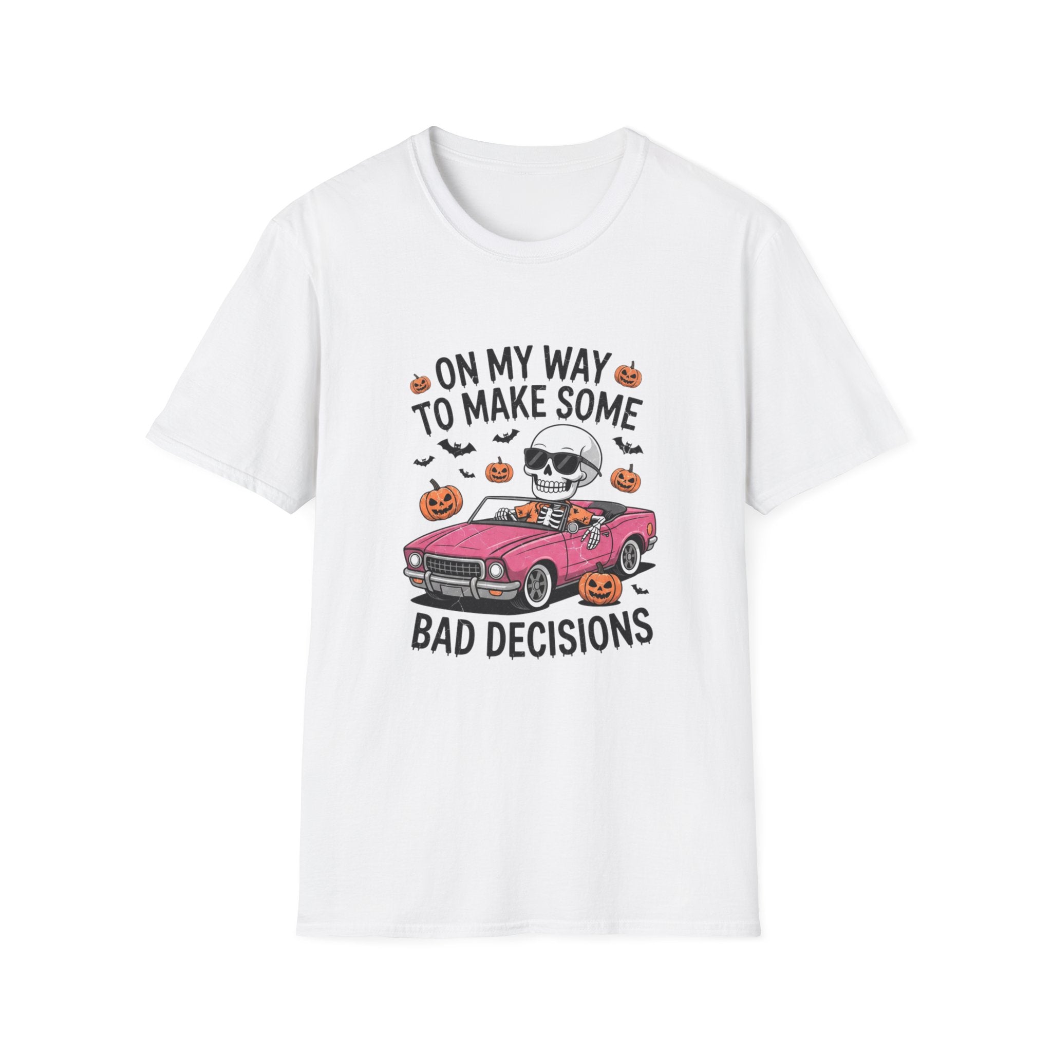 White t-shirt laid flat, printed with a pink convertible car and a skull