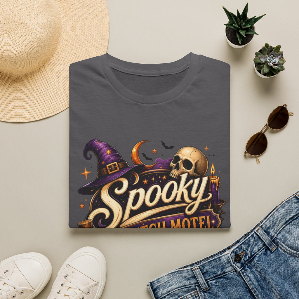 Charcoal t-shirt styled flat with a candle — neon Spooky Witch Motel sign