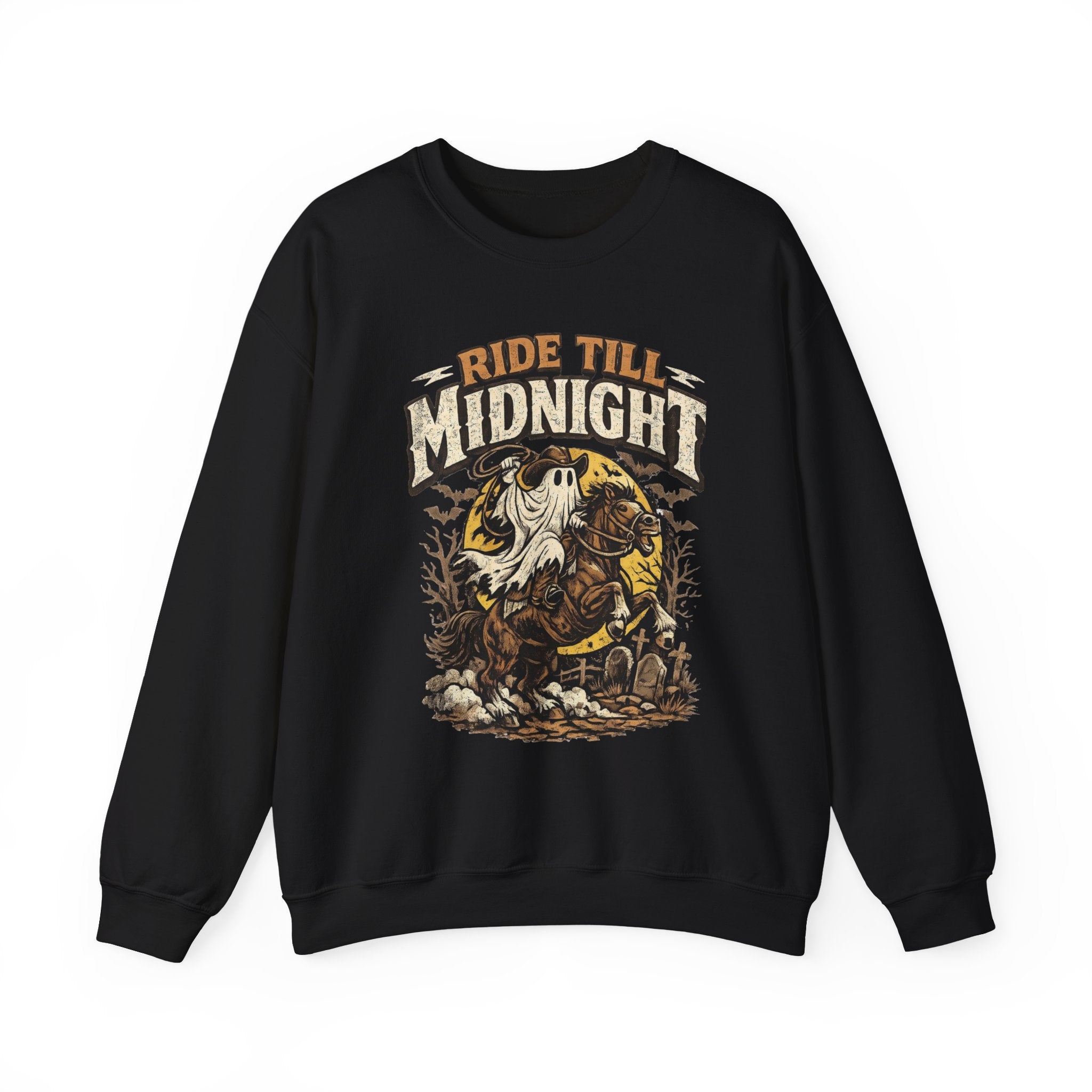 Black crewneck sweatshirt laid flat, printed with a vintage style skeleton on a motorcycle under a banner