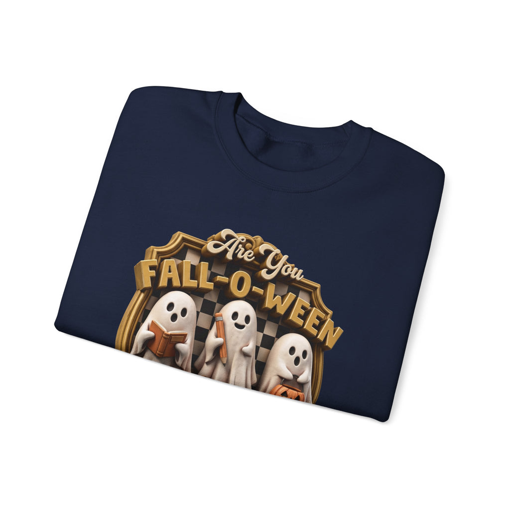 Navy crewneck sweatshirt folded to show the three little sheet ghosts read a book and carry print