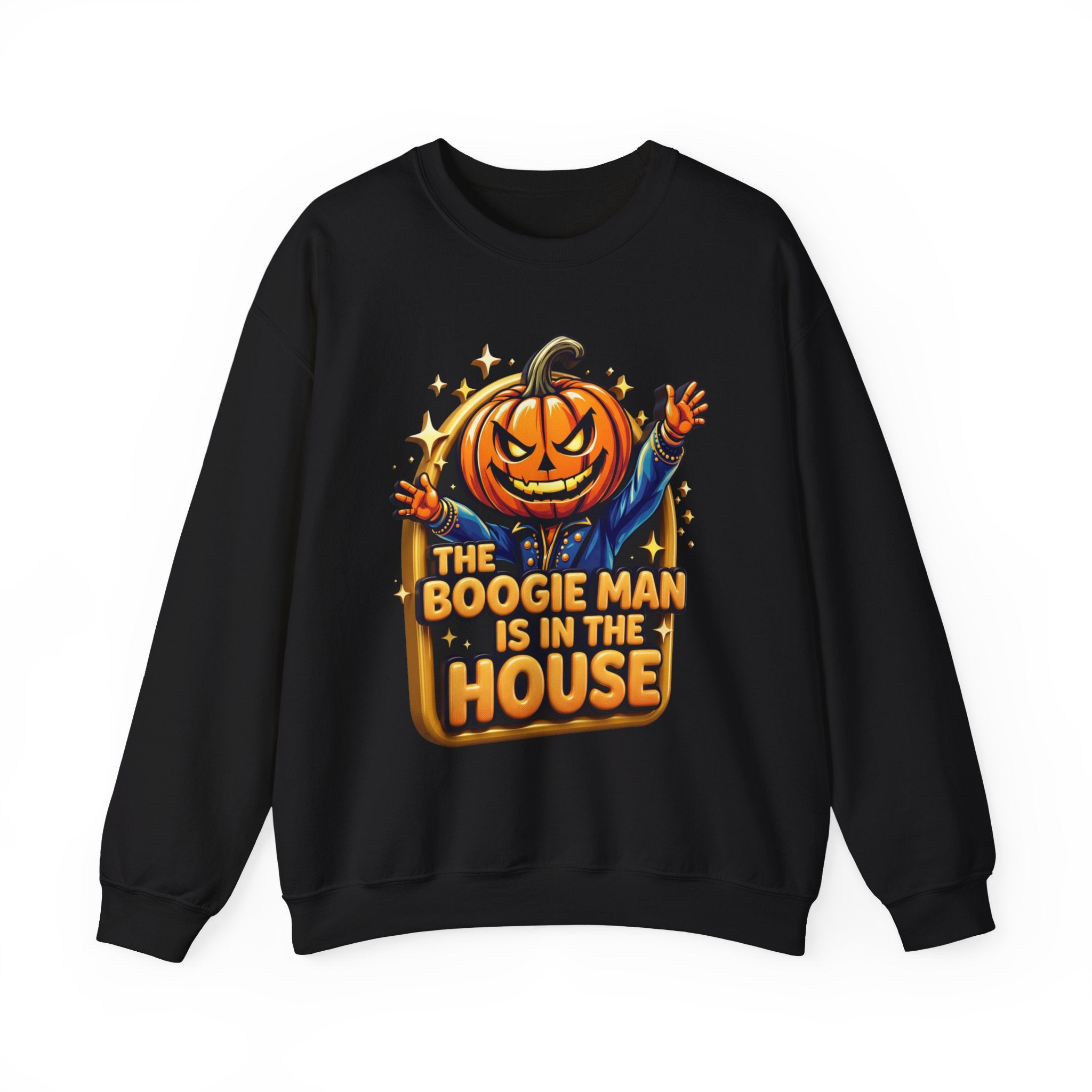 Black crewneck sweatshirt laid flat, printed with a grinning jack-o-lantern head in a blue jacket throws